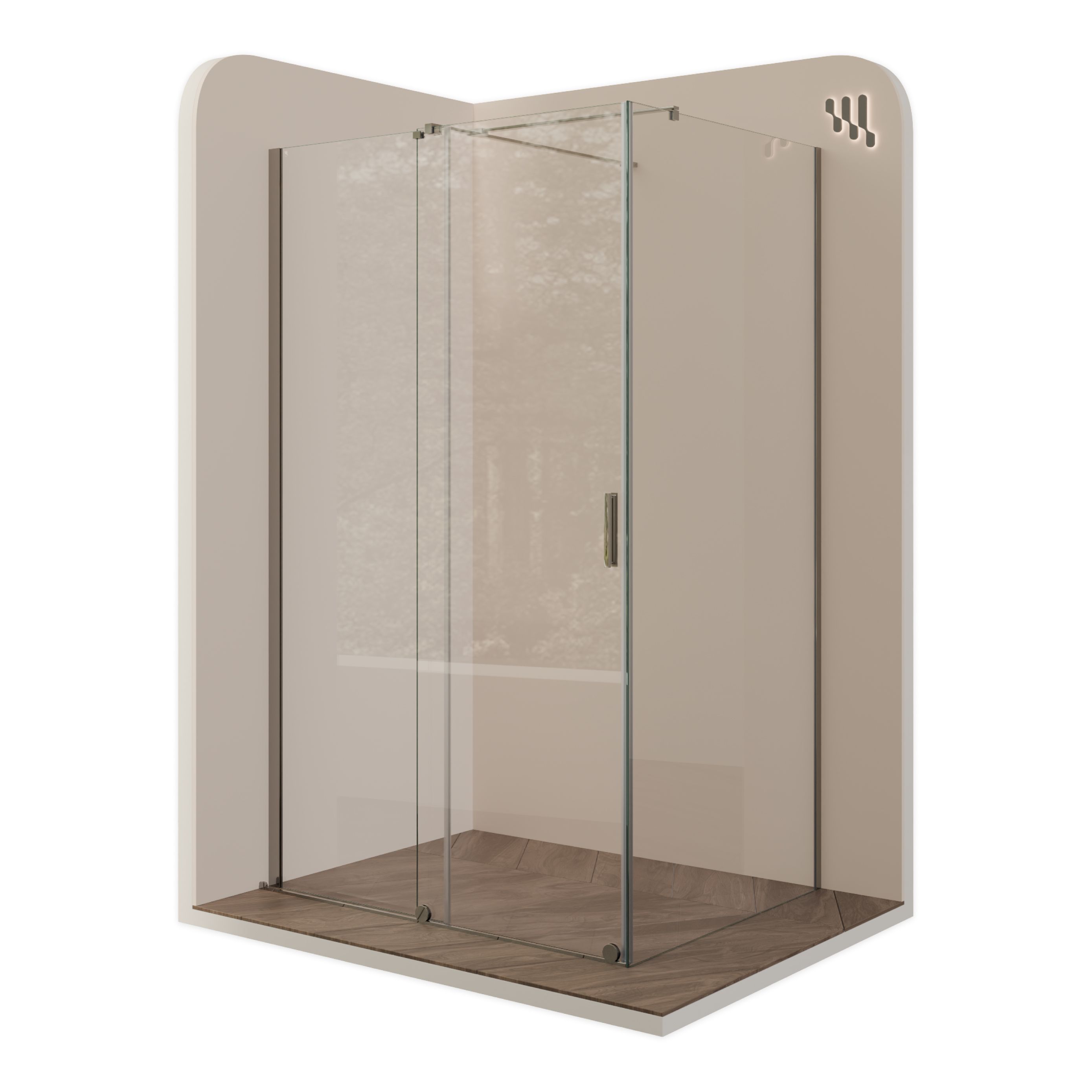 Front-entry NADINE with sliding door in chrome made of 8mm tempered clear glass. NADINE – Fronteinstieg mit Schiebetür in Chrom aus 8mm ESG Klarglas