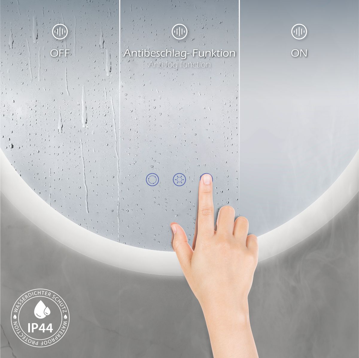 Runder LED Badspiegel RADIUS Badezimmerspiegel mit dimmbarer Beleuchtung, Farbwechsel und Antibeschlag-Funktion IP44