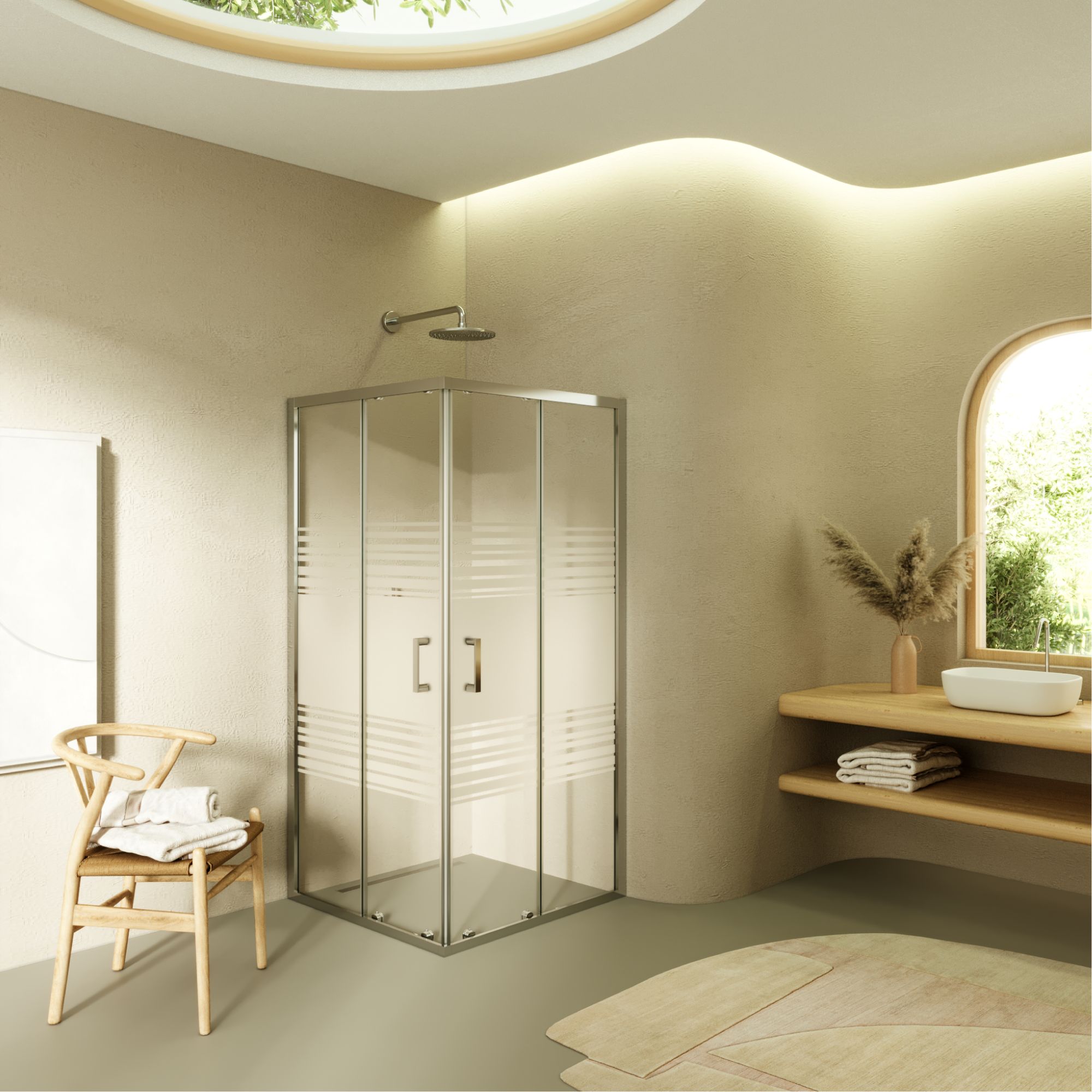 Eckeinstieg Diana mit Schiebetüren aus teilsatiniertem ESG Sicherheitsglas Diana – Corner Entry with Sliding Doors made of Partially Frosted ESG Safety Glass