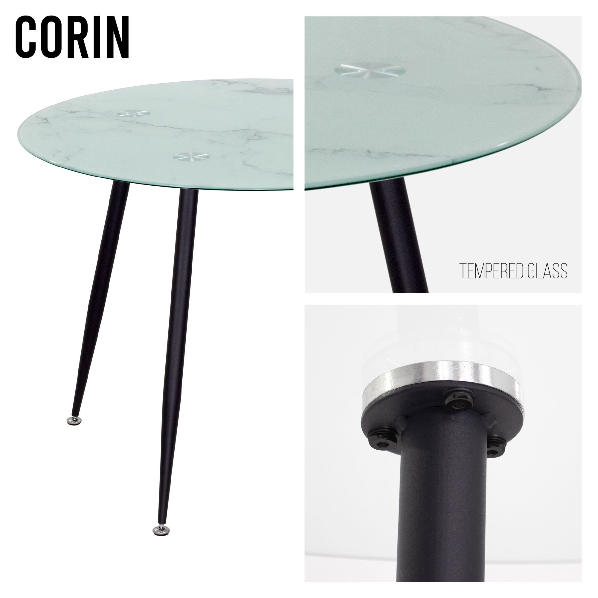 CORIN – Esszimmer-Tisch | Tischplatte: Glas in weißer Marmor Optik | Beine: Schwarz