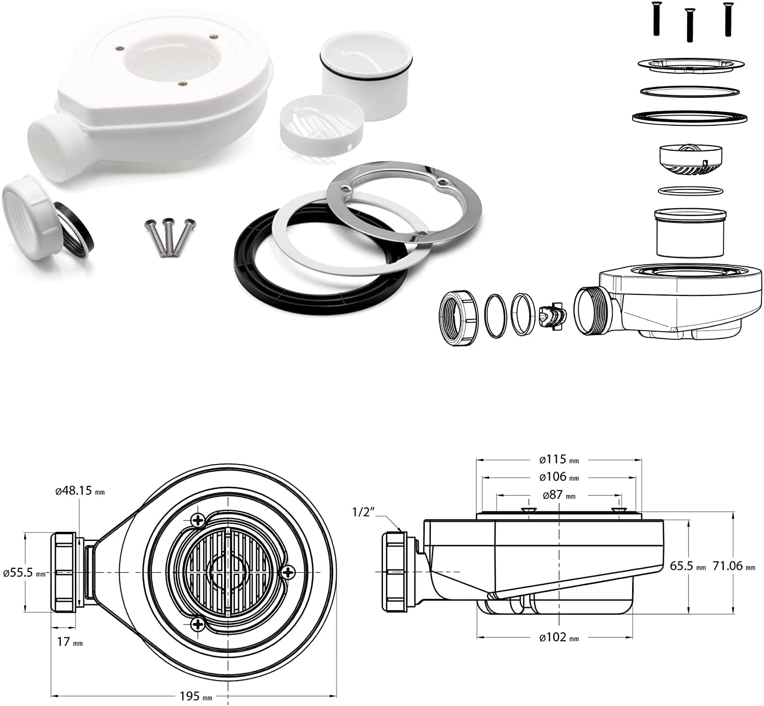 SMC Duschwanne Polar in Stein-Optik inkl. Ablaufgarnitur - Grau SMC Shower Tray Polar in Stone Look with Drain Assembly - Gray