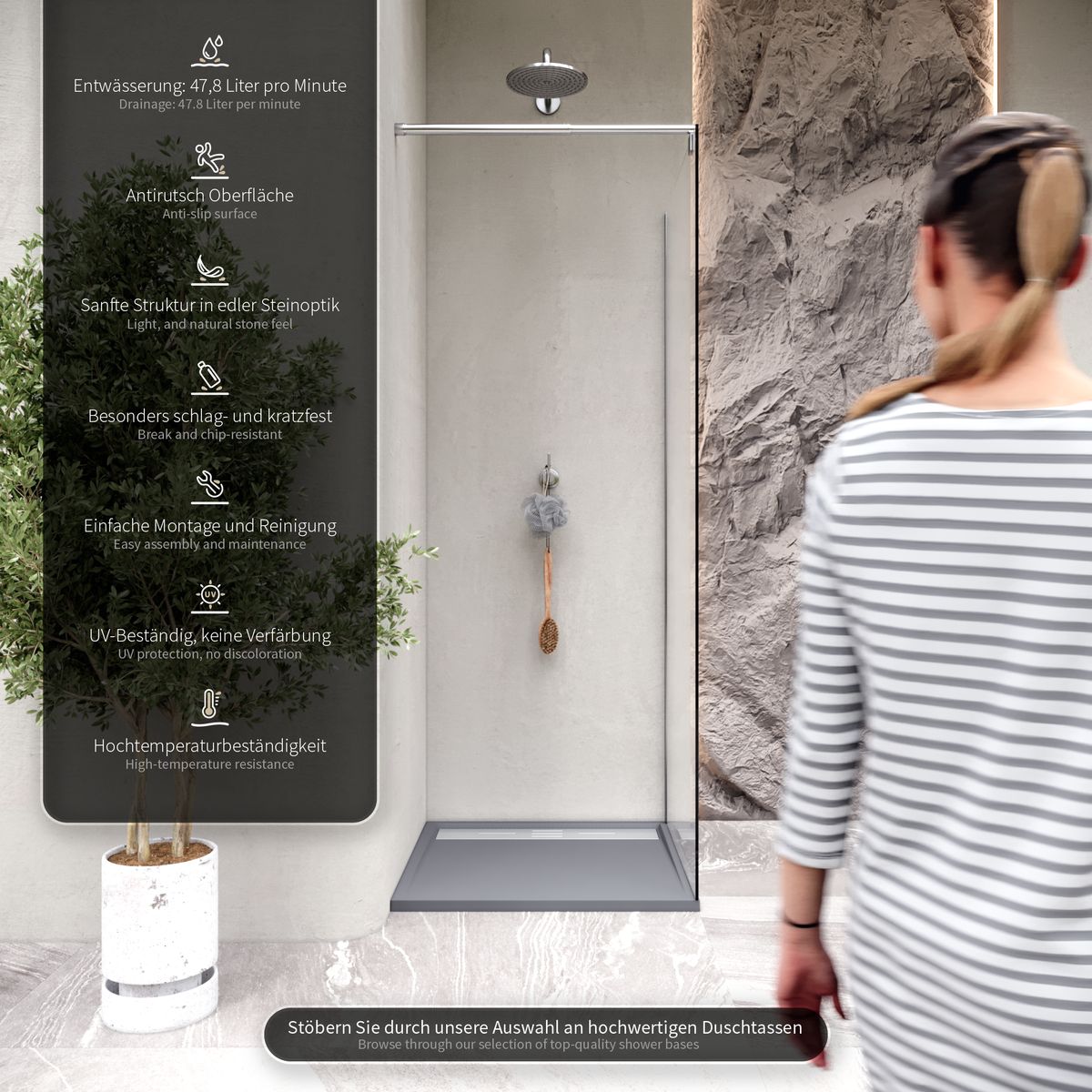 SMC Duschwanne Hiemal in Schieferoptik inkl. Ablaufgarnitur Grau mit Edelstahldeckel 100x100 cm
