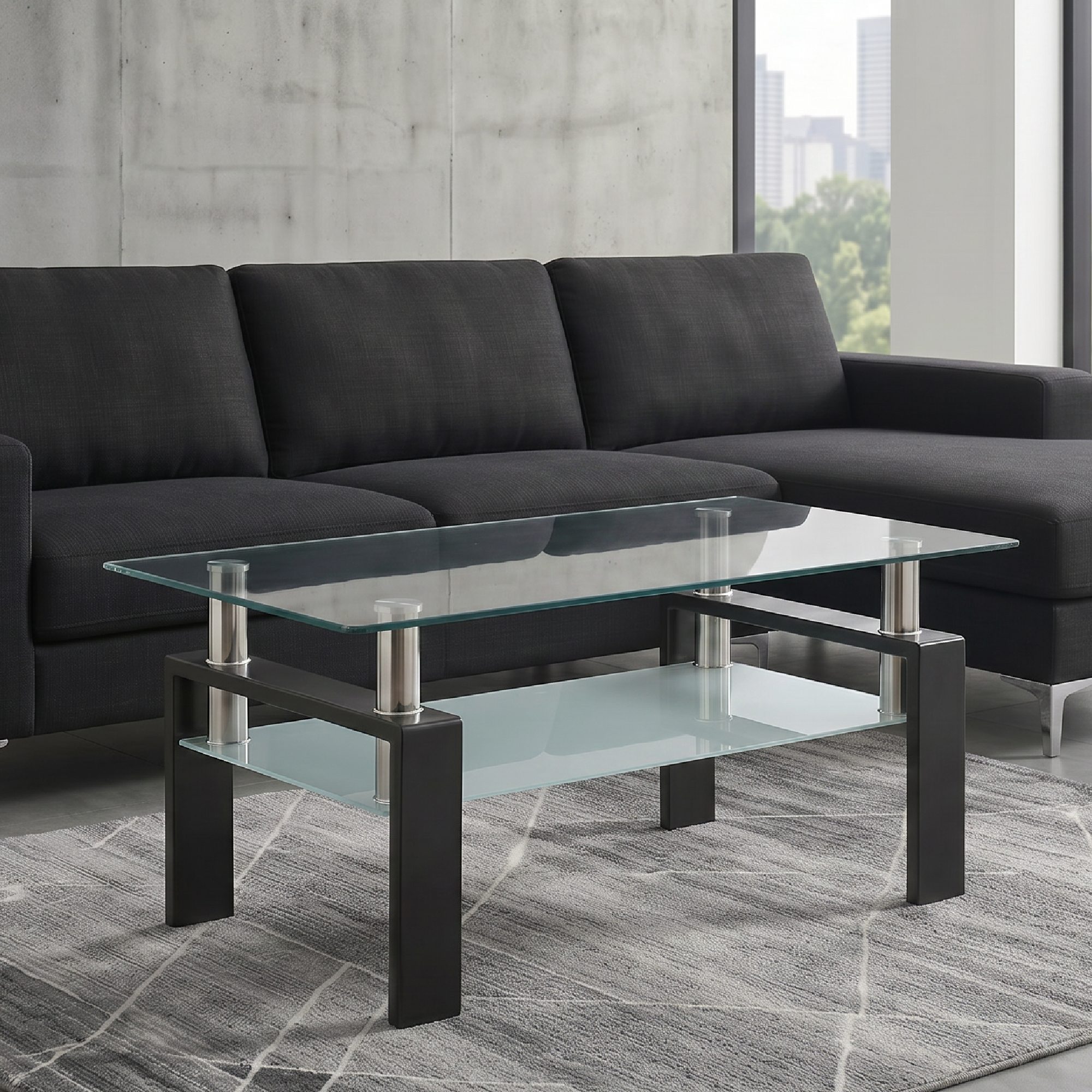 Coffee Table PORTER in Glass/Metal with Black Wood