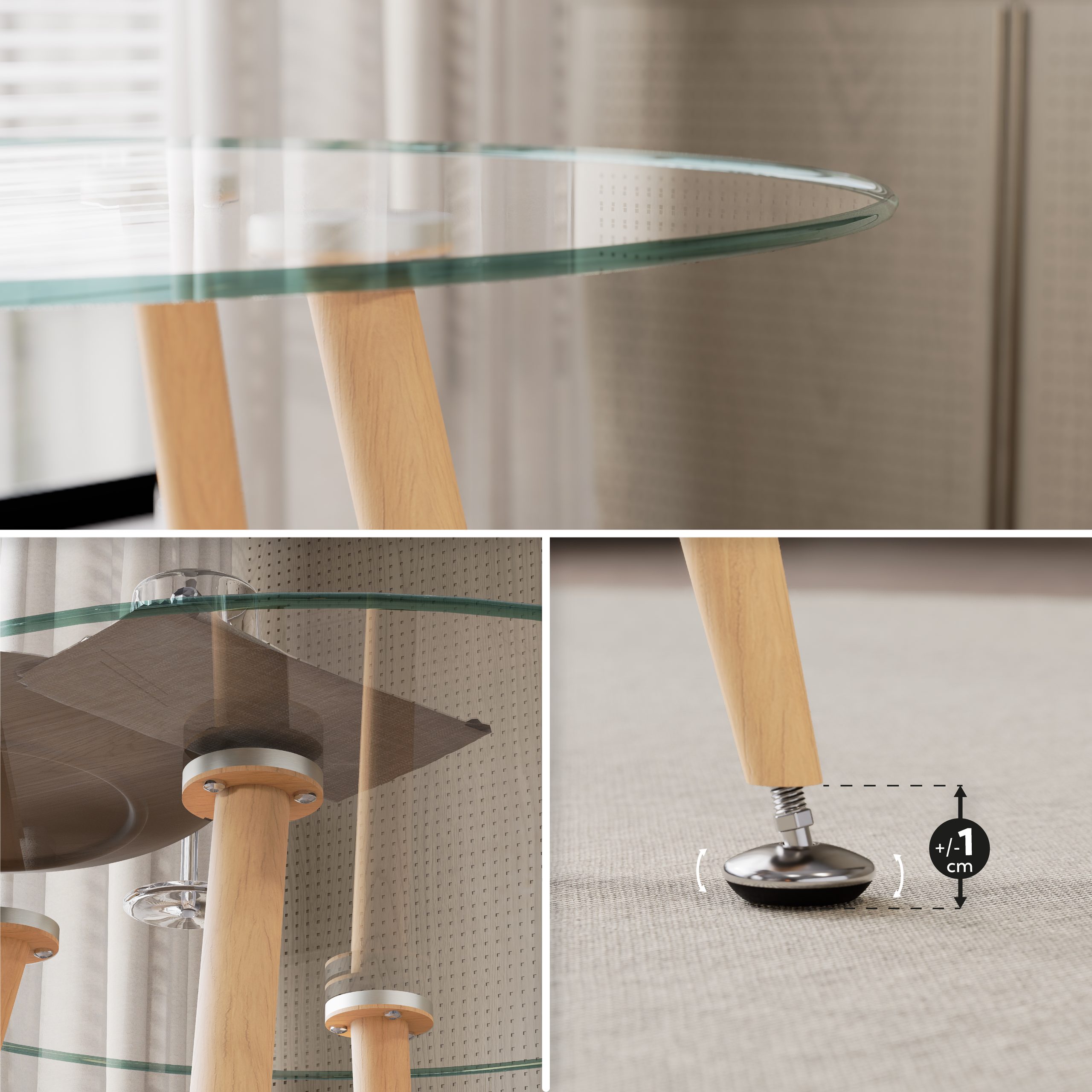 CORIN – Esszimmer-Tisch | Tischplatte: Transparentes Glas | Beine: Holz