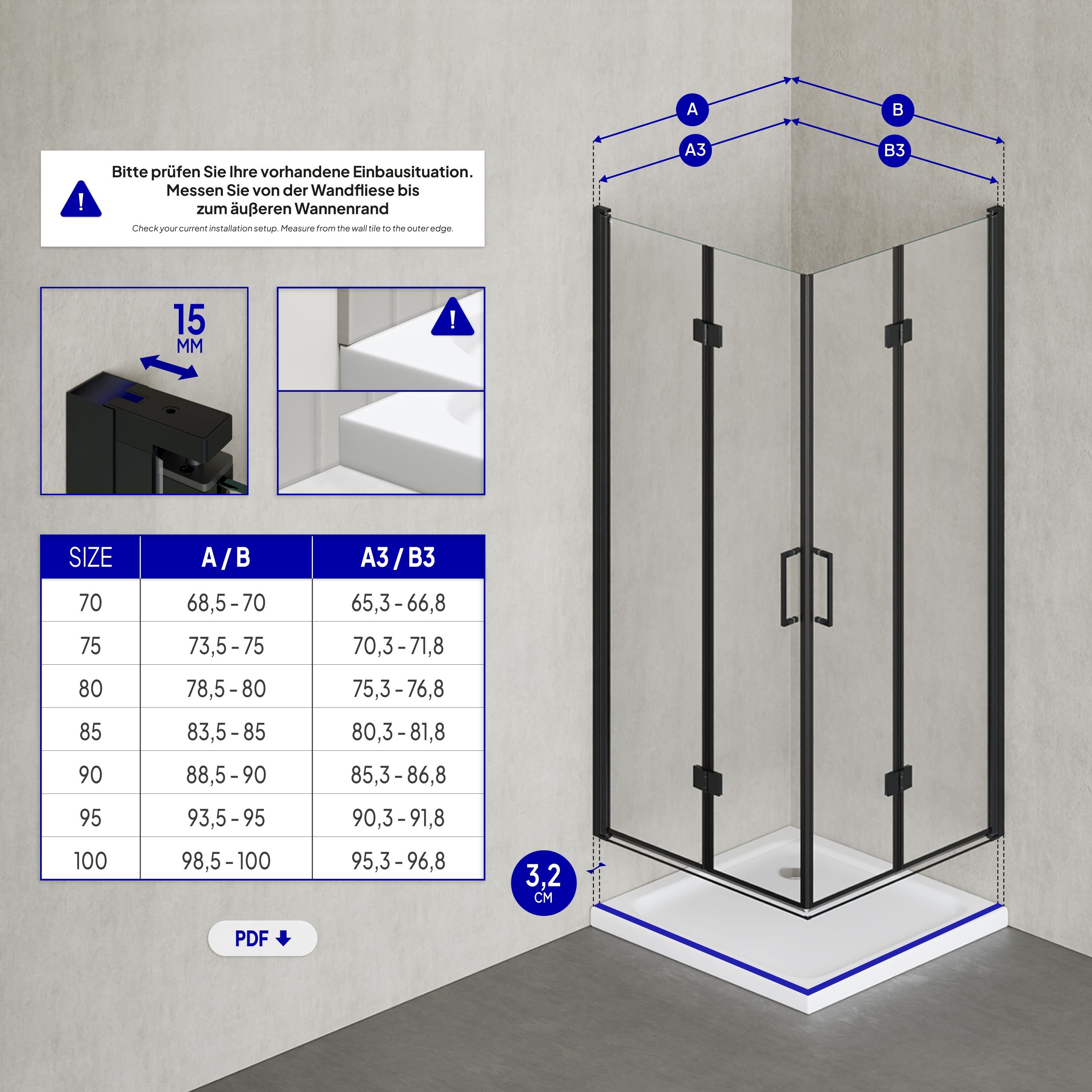 Corner entry Belle with folding doors and black profiles made of ESG safety glass. Corner entry Belle with folding doors and black profiles made of ESG safety glass.