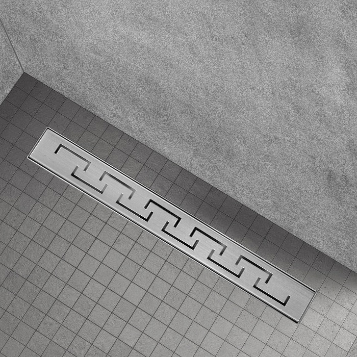 Duschrinne R4 aus Edelstahl für flache Installation mit griechischem Muster Duschrinne R4 aus Edelstahl für flache Installation mit griechischem Muster