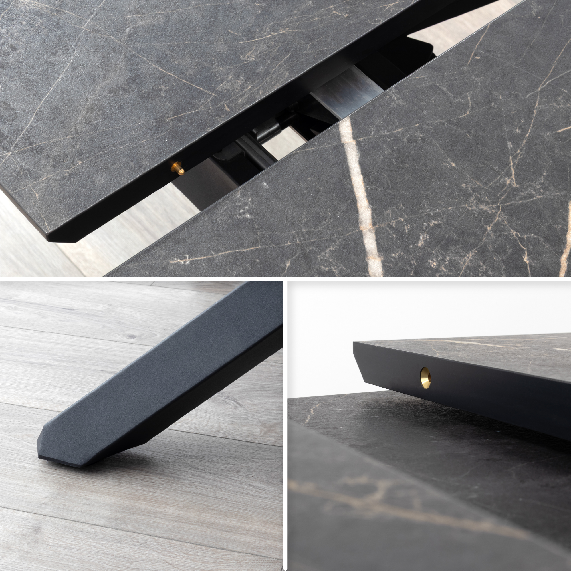 TAYLOR – Ausziehbarer Esstisch und Küchentisch mit 2,5 cm Melamin-Tischplatte in Marmoroptik und schwarzem Metallgestell