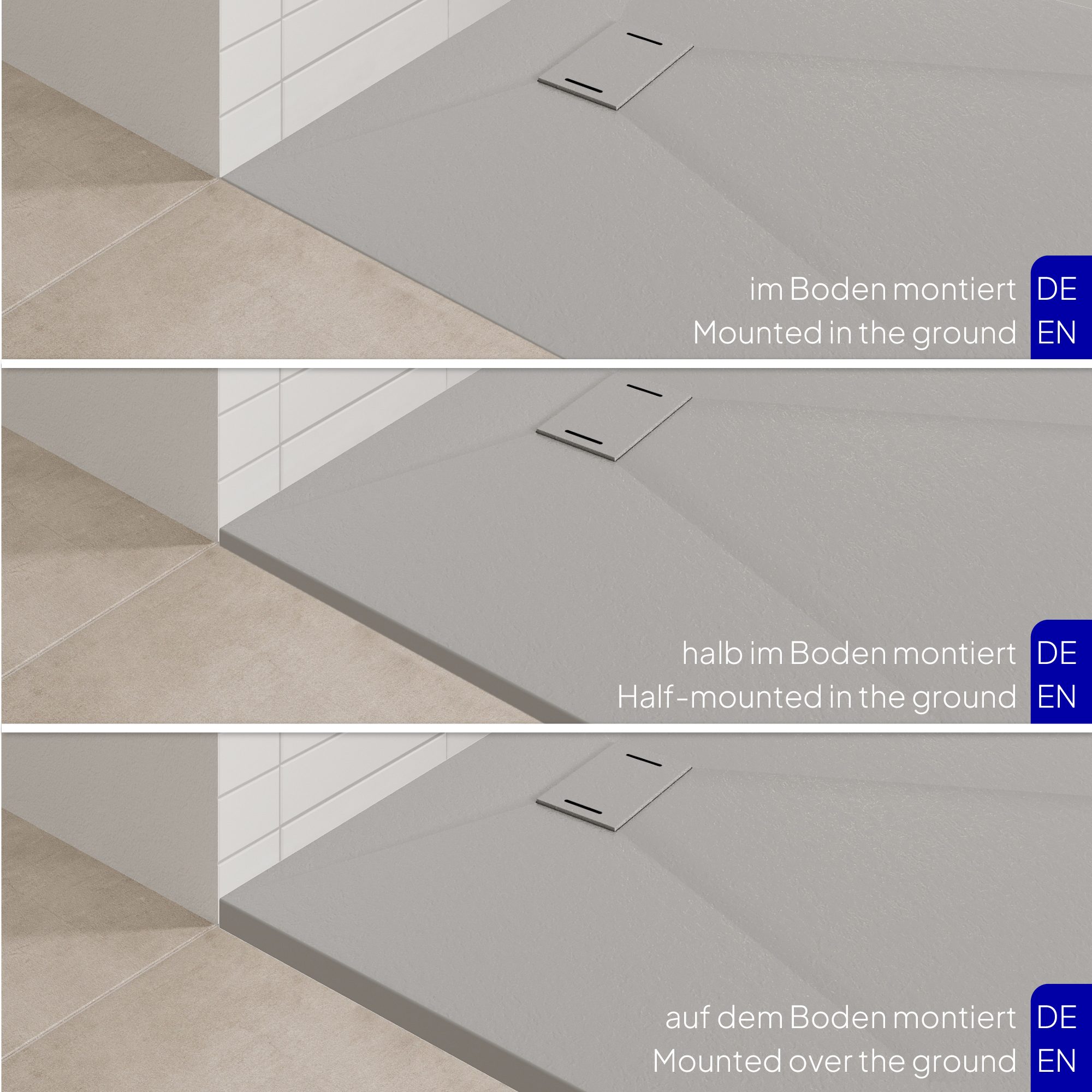 SMC Shower Tray Boreal in Stone Look with Drain Assembly - Grey