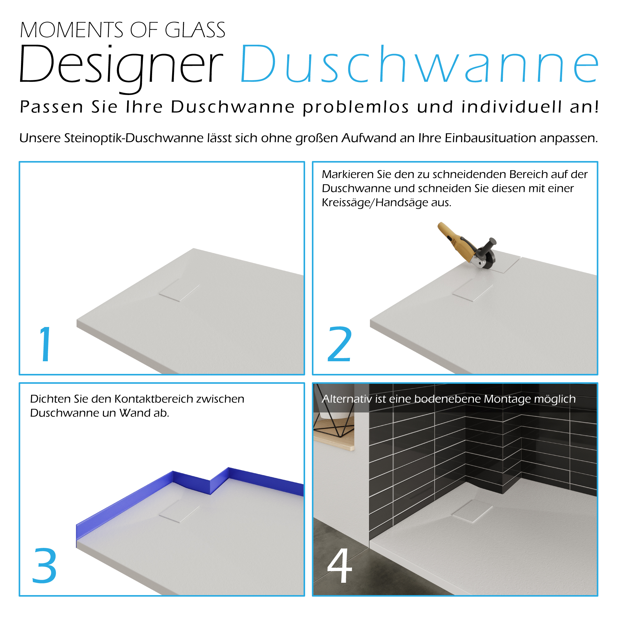 SMC Duschwanne Boreal in Stein-Optik inkl. Ablaufgarnitur - Weiß 70x160 cm