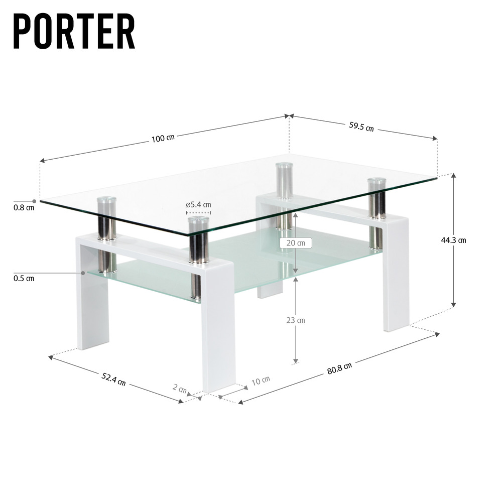 Couchtisch PORTER aus Glas/Metall mit weißem Holz