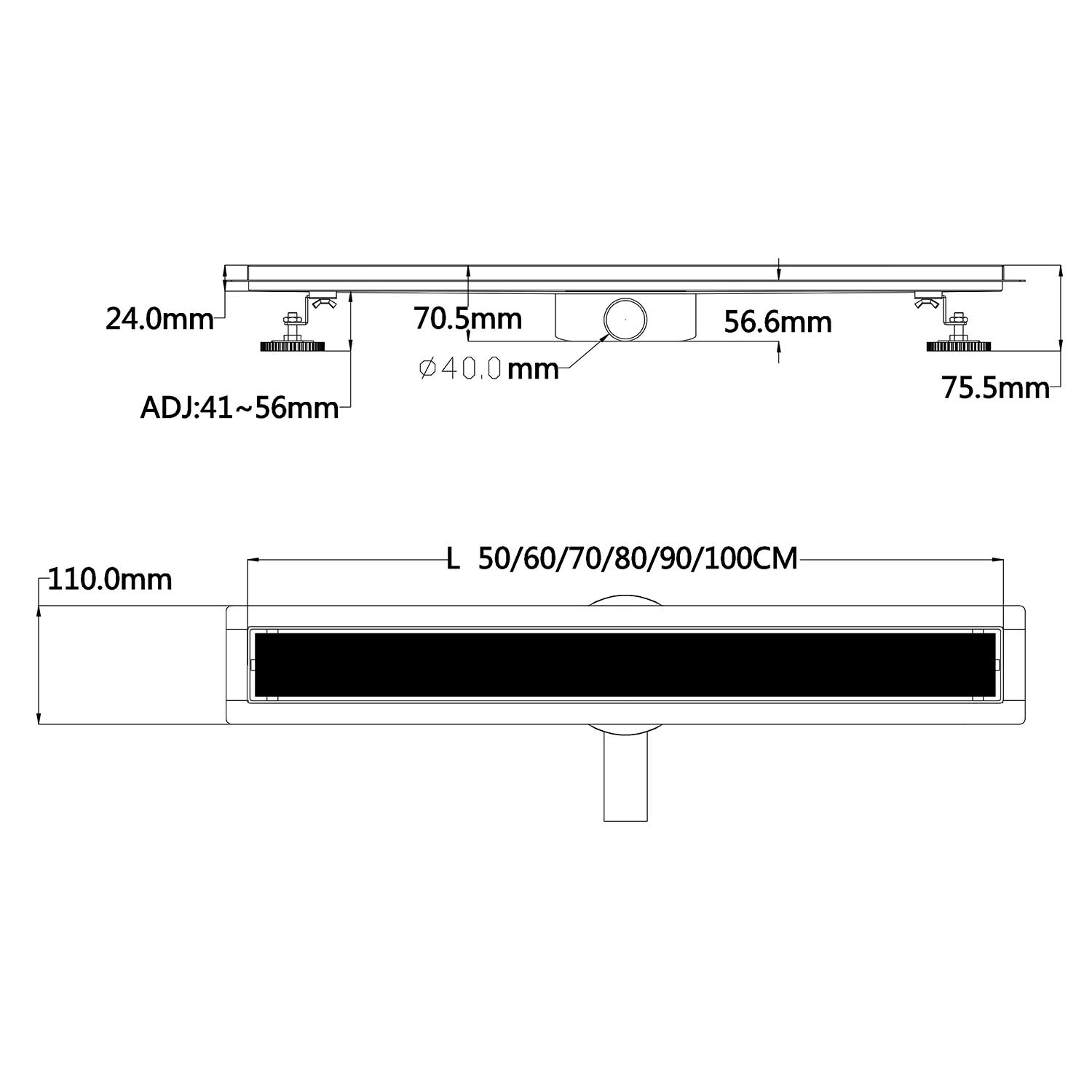 Duschrinne aus Edelstahl mit schwarzem Glas-Ablaufblende für flache Installation B2