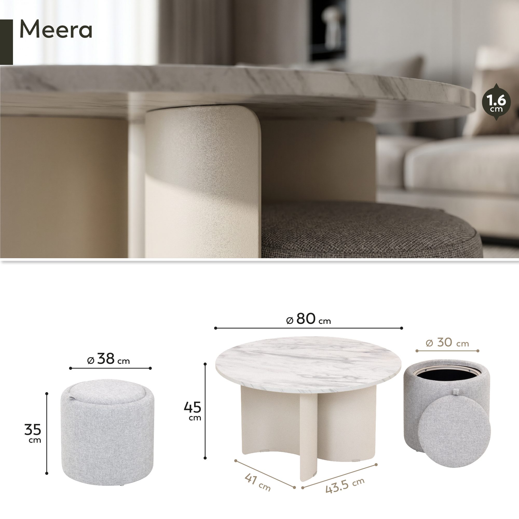 Meera – Couchtisch in Marmoroptik mit 2 Hockern in Grau