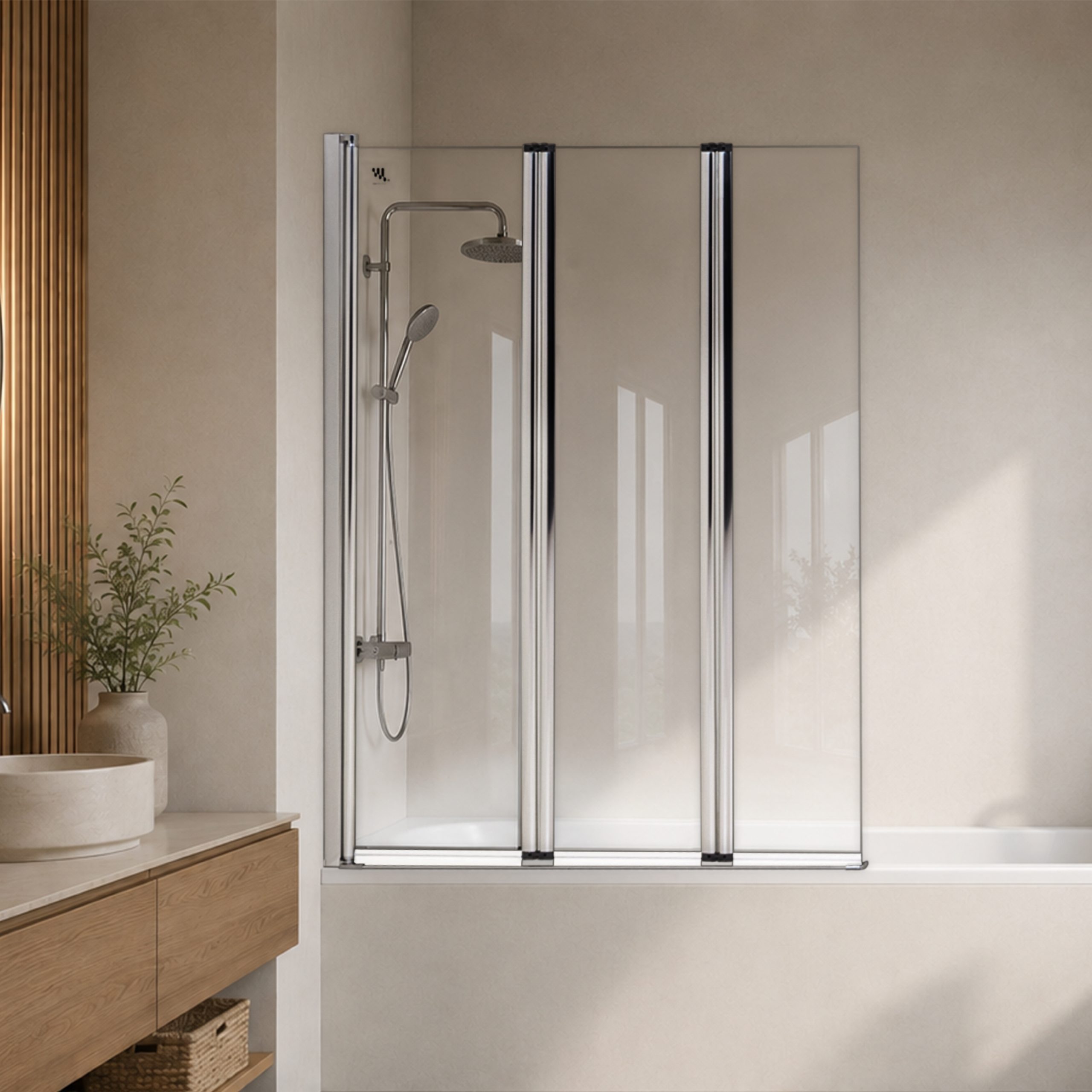 Badewannenabtrennung Petra, 3-teilig faltbar und pendelbar mit 6 mm ESG Klarglas und verchromten Profilen Petra – Badewannenabtrennung , 3-teilig faltbar und pendelbar mit 6 mm ESG Klarglas und verchromten Profilen