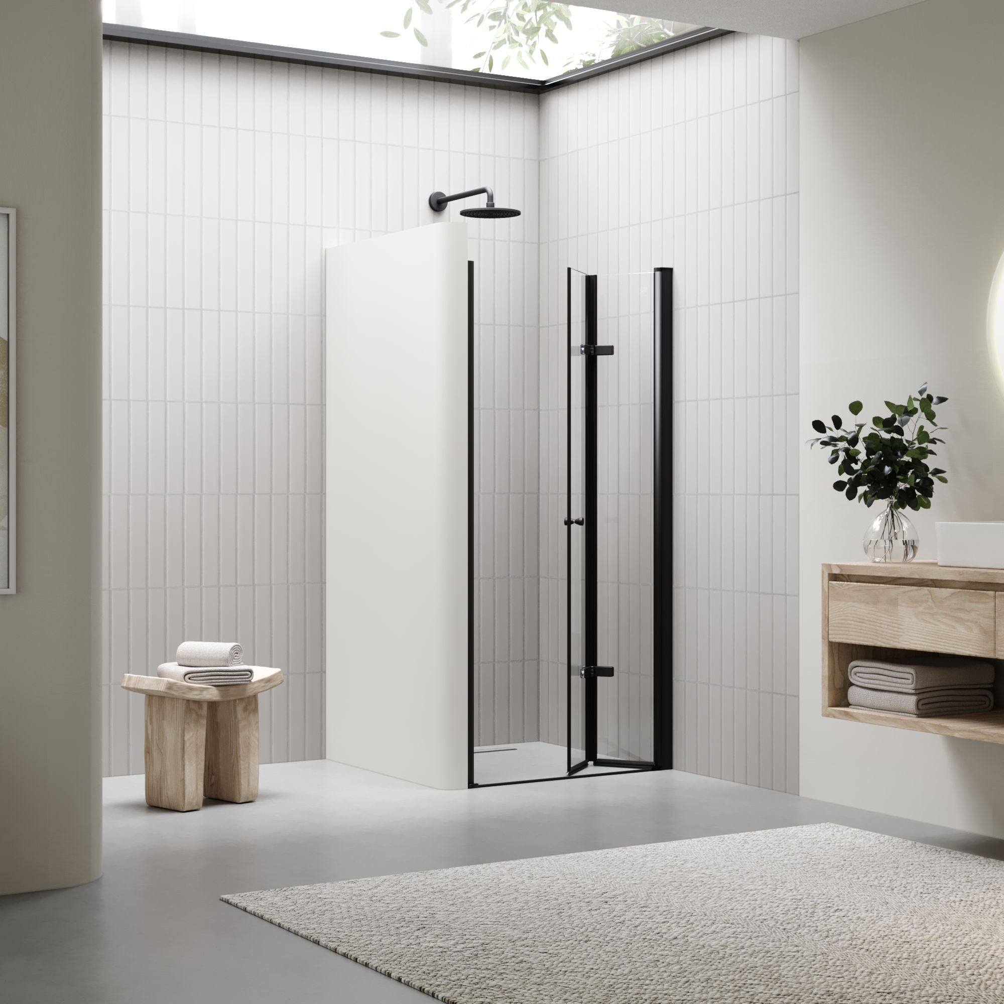 Duschtür Mila mit Falttür aus klarem ESG Sicherheitsglas BLACK EDITION