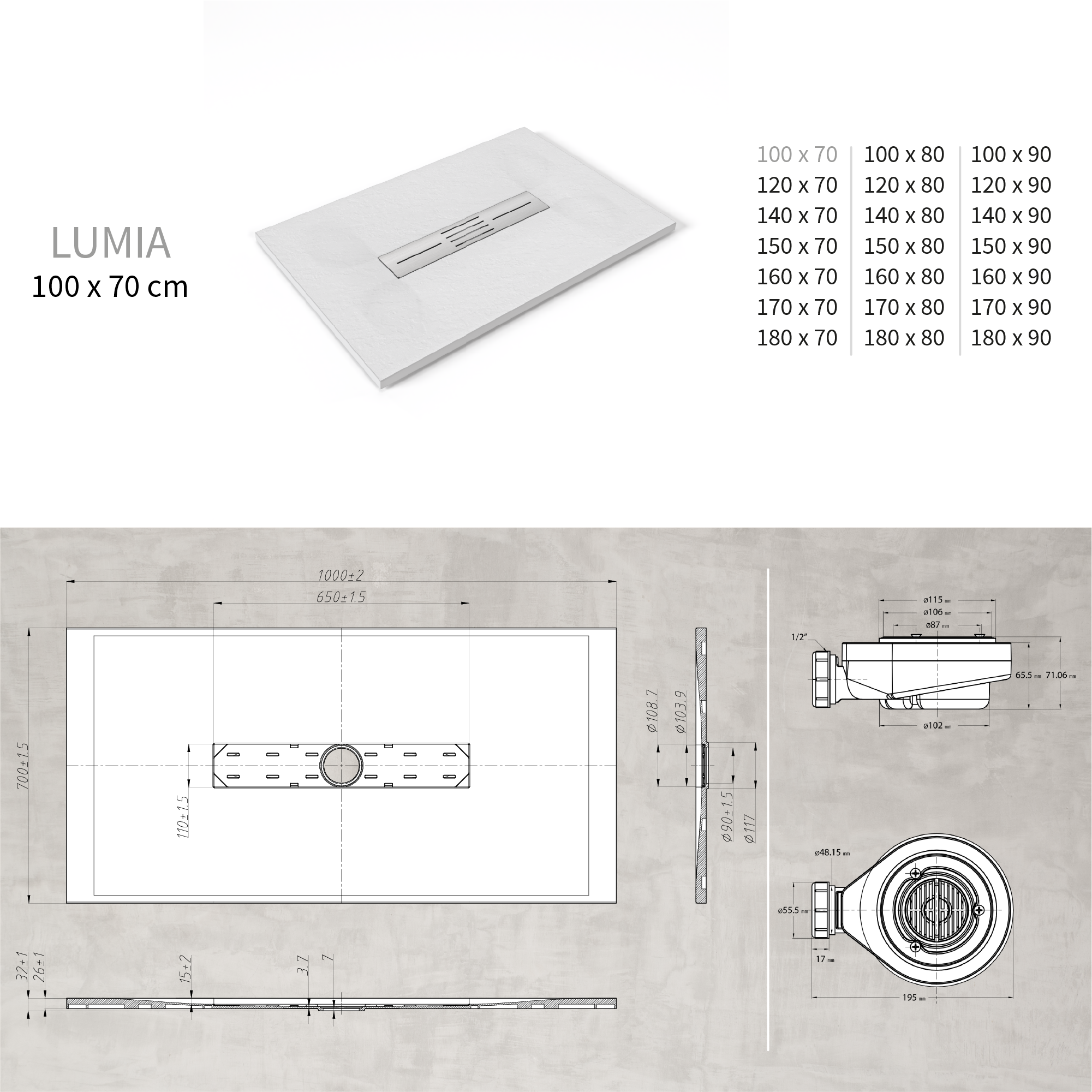 SMC Duschwanne Lumia in Schieferoptik inkl. Ablaufgarnitur Weiß 70x100 cm