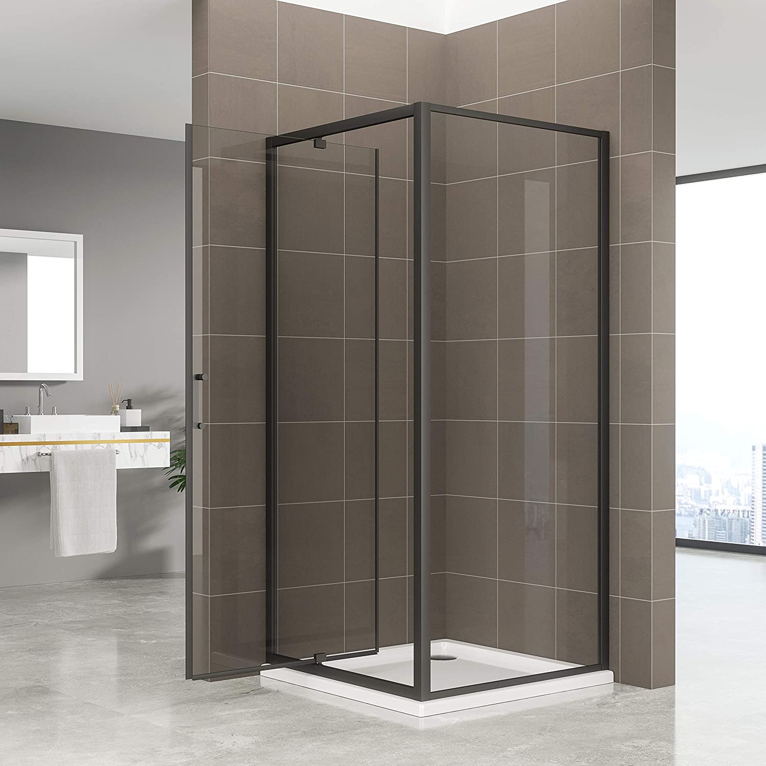 Fronteinstieg Isadora mit Klapptür und schwarzen Profilen aus ESG Sicherheitsglas Fronteinstieg Isadora mit Klapptür und schwarzen Profilen aus ESG Sicherheitsglas