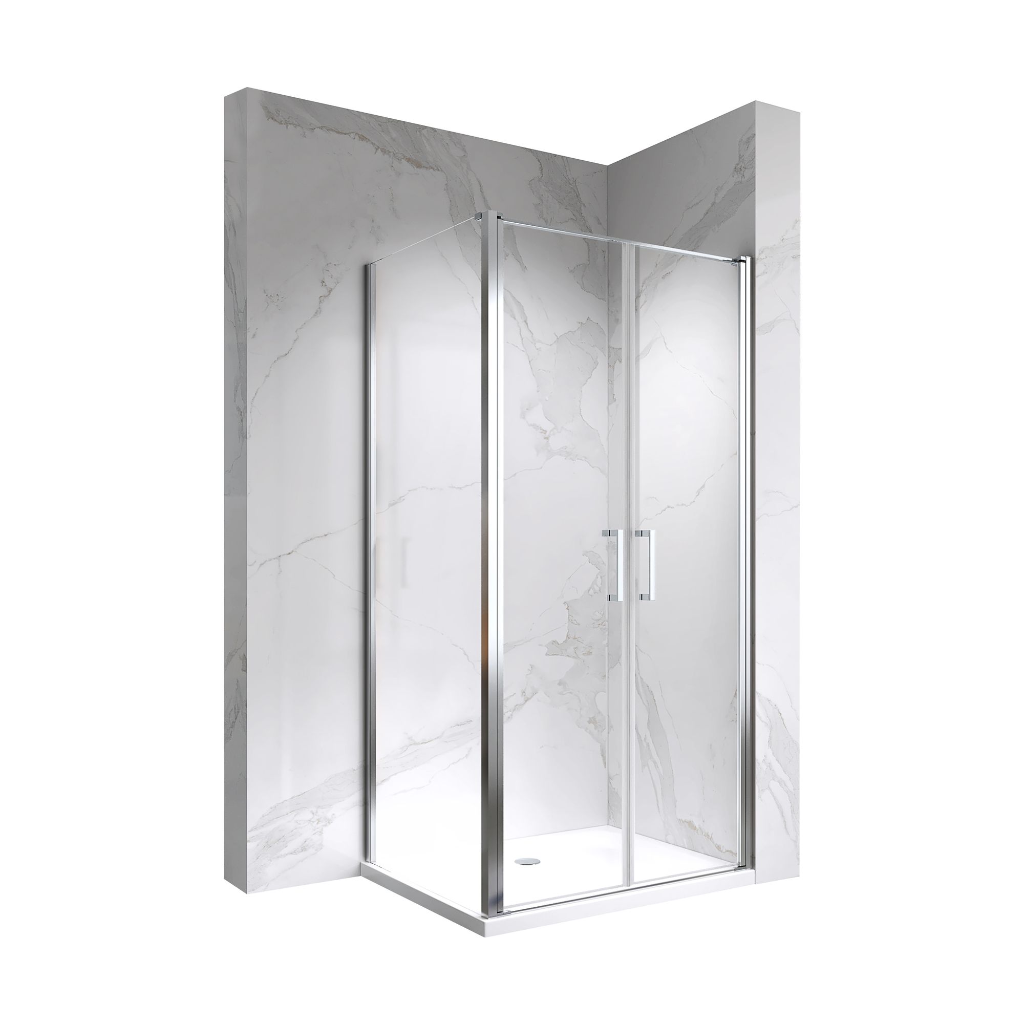 Shower Door Lara with Hinged Doors and Stainless Steel Handles, 68-104 cm, made of ESG Safety Glass Lara – Fronteinstieg mit Pendeltüren und Edelstahlgriffe aus ESG Sicherheitsglas