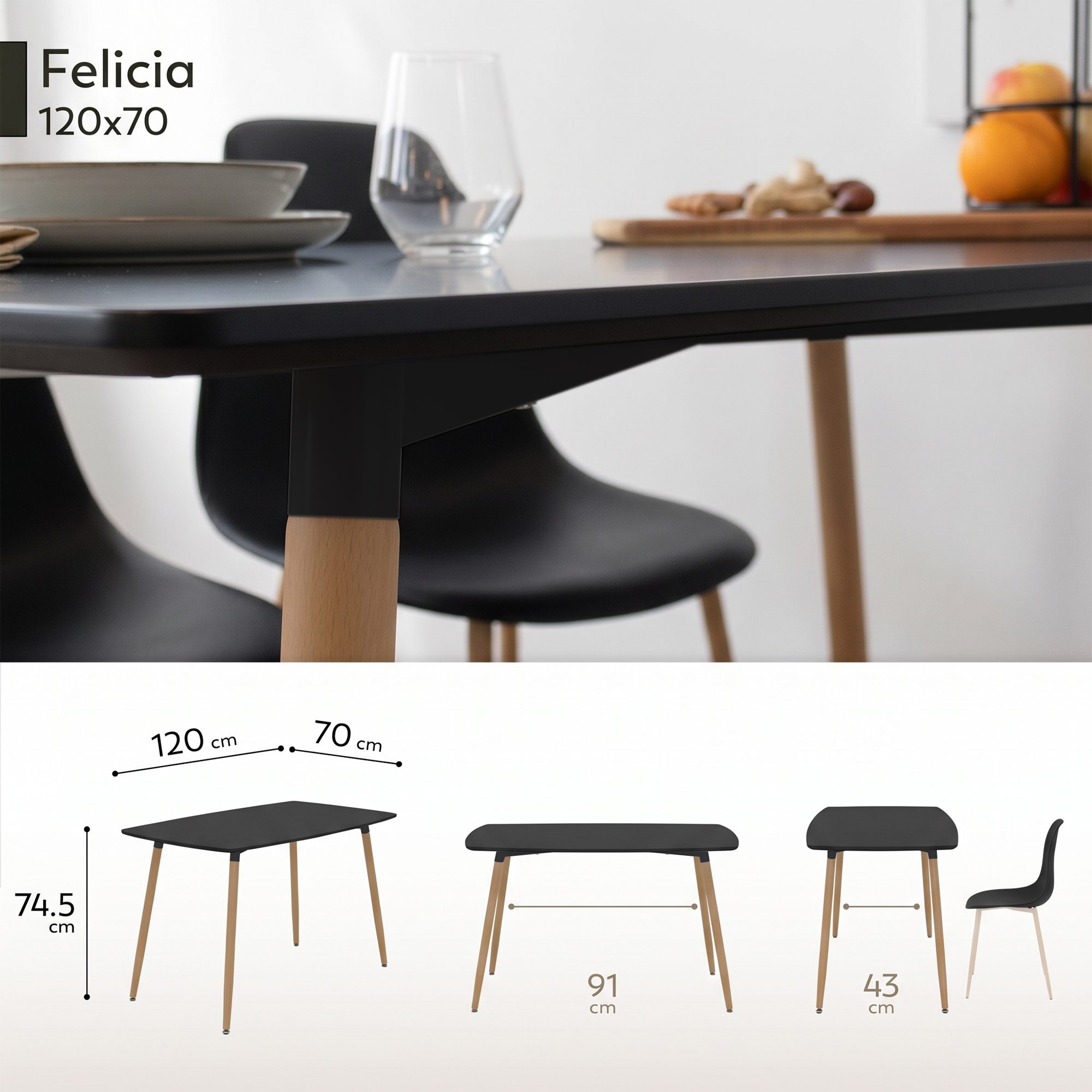 Esstisch Felicia Schwarz mit Metallbeine in Holzoptik, rutschfeste Füße, leichter Aufbau