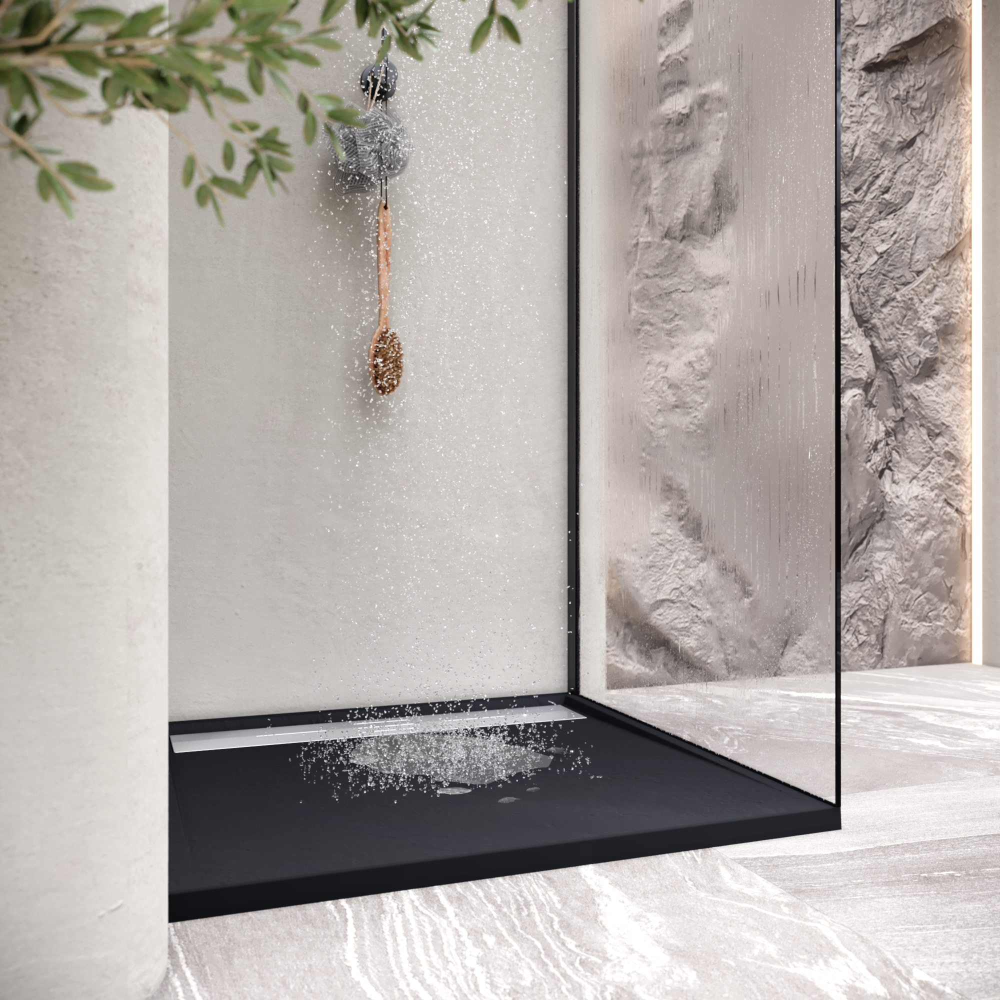 Hiemal – SMC Shower Tray in Slate Finish, including Black Waste Set with Stainless Steel Cover