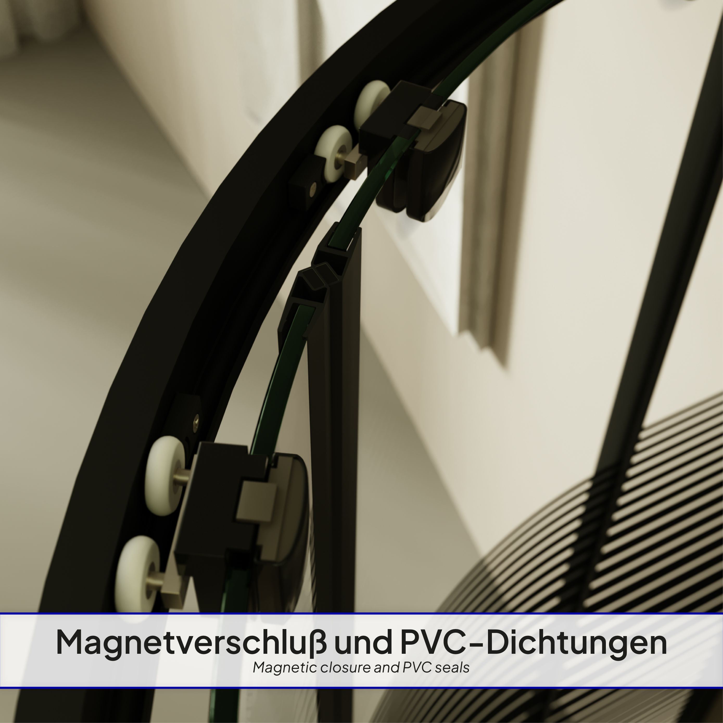 Quarter Circle Shower Ella with Sliding Doors made of Striped ESG Glass and Black Aluminum Profiles Ella – Viertelkreisdusche mit Schiebetüren aus gestreiftem ESG Glas mit schwarzen Aluminium Profile