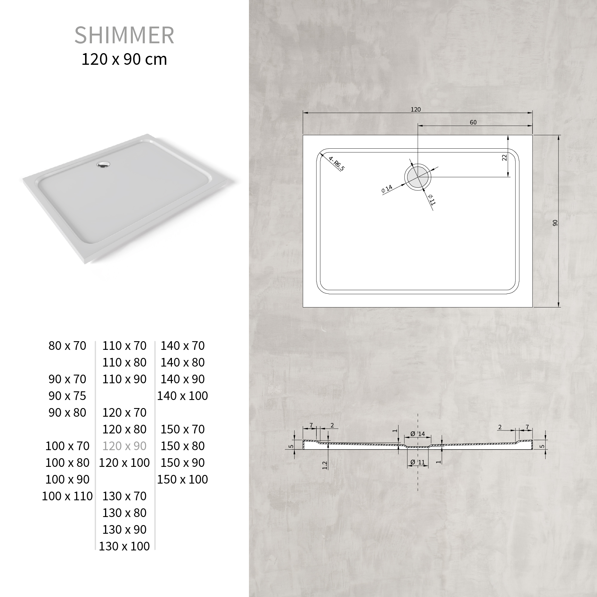 Tray – Shower Shimmer made of sanitary acrylic including waste fitting - White
