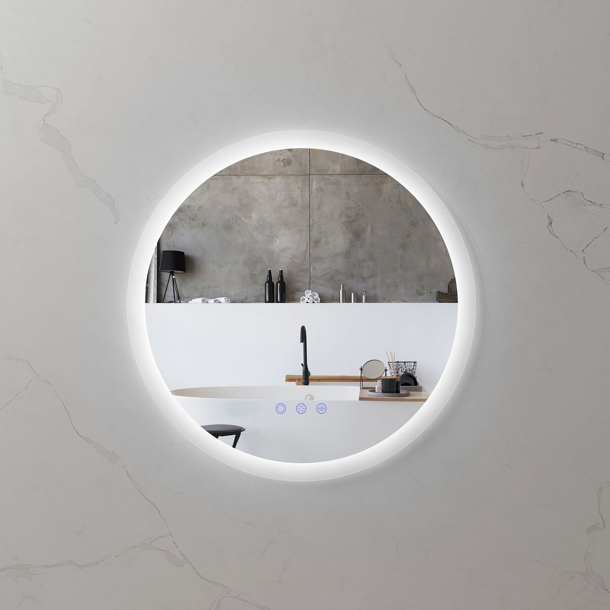 Runder LED Badspiegel RADIUS Badezimmerspiegel mit dimmbarer Beleuchtung, Farbwechsel und Antibeschlag-Funktion IP44 RADIUS – Runder LED Badspiegel Badezimmerspiegel mit dimmbarer Beleuchtung, Farbwechsel und Antibeschlag-Funktion IP44