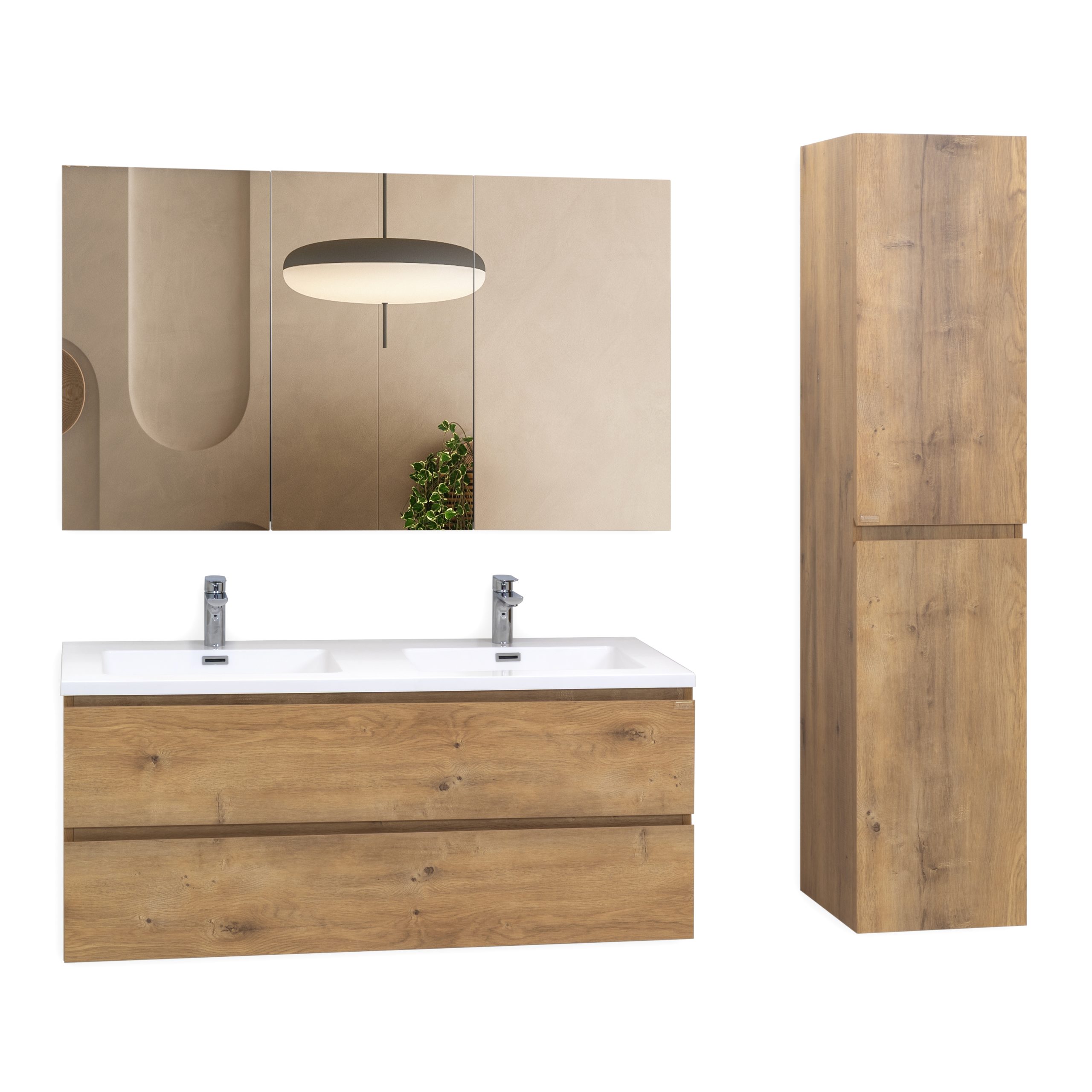 Badmöbel-Set Atena [120 cm] mit Mineralharz-Waschbecken in Hochglanz Weiß, Unterschrank mit Spiegel und hängendem Hochschrank in Eiche