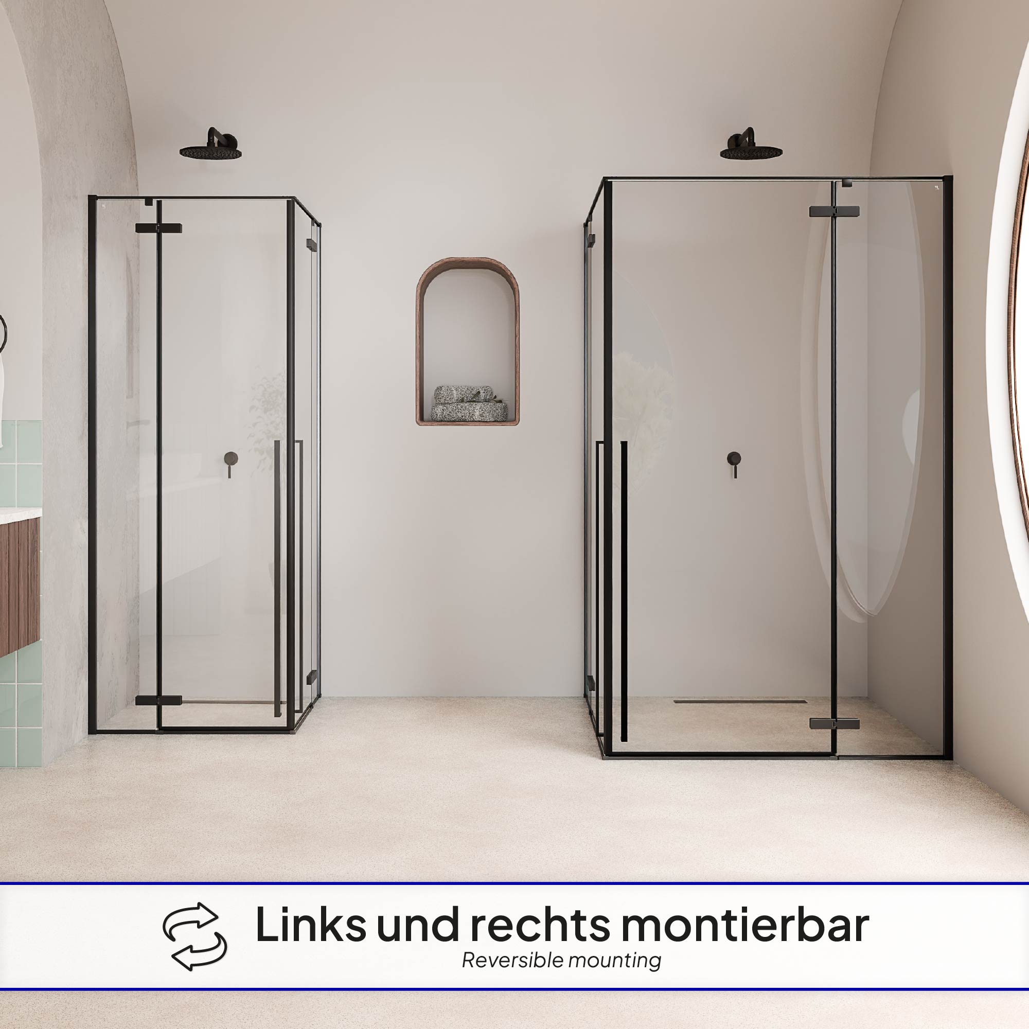 Duschkabine Eckeinstieg Jayla mit Drehtüren und schwarzen Profilen aus 6mm ESG Sicherheitsglas