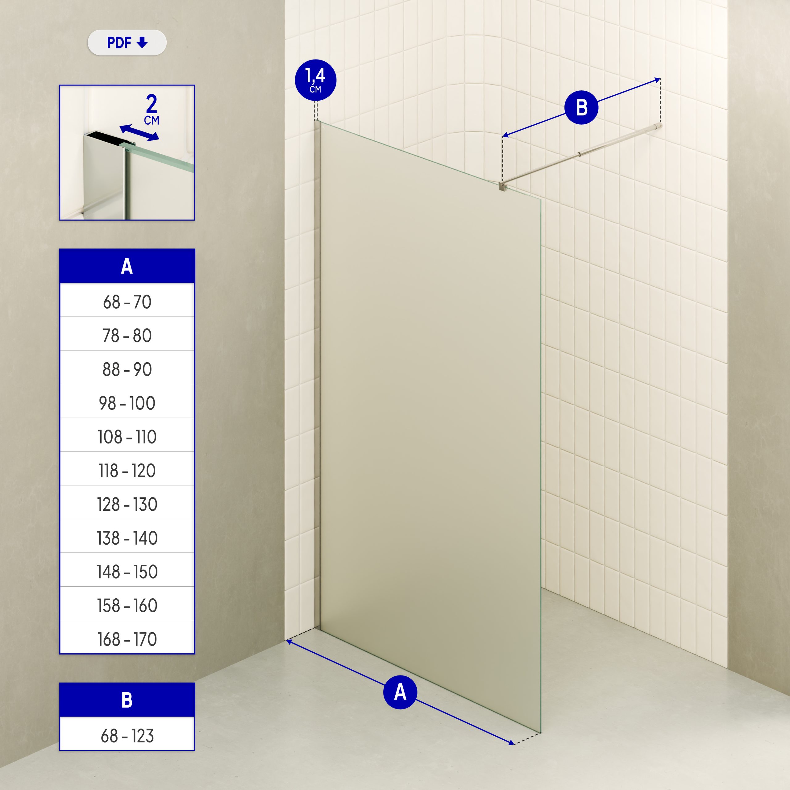 Walk-In Shower Fiona made of 10 mm thick frosted ESG safety glass and stainless steel profile. Fiona – Walk-In Shower made of 10 mm thick frosted ESG safety glass and stainless steel profile.