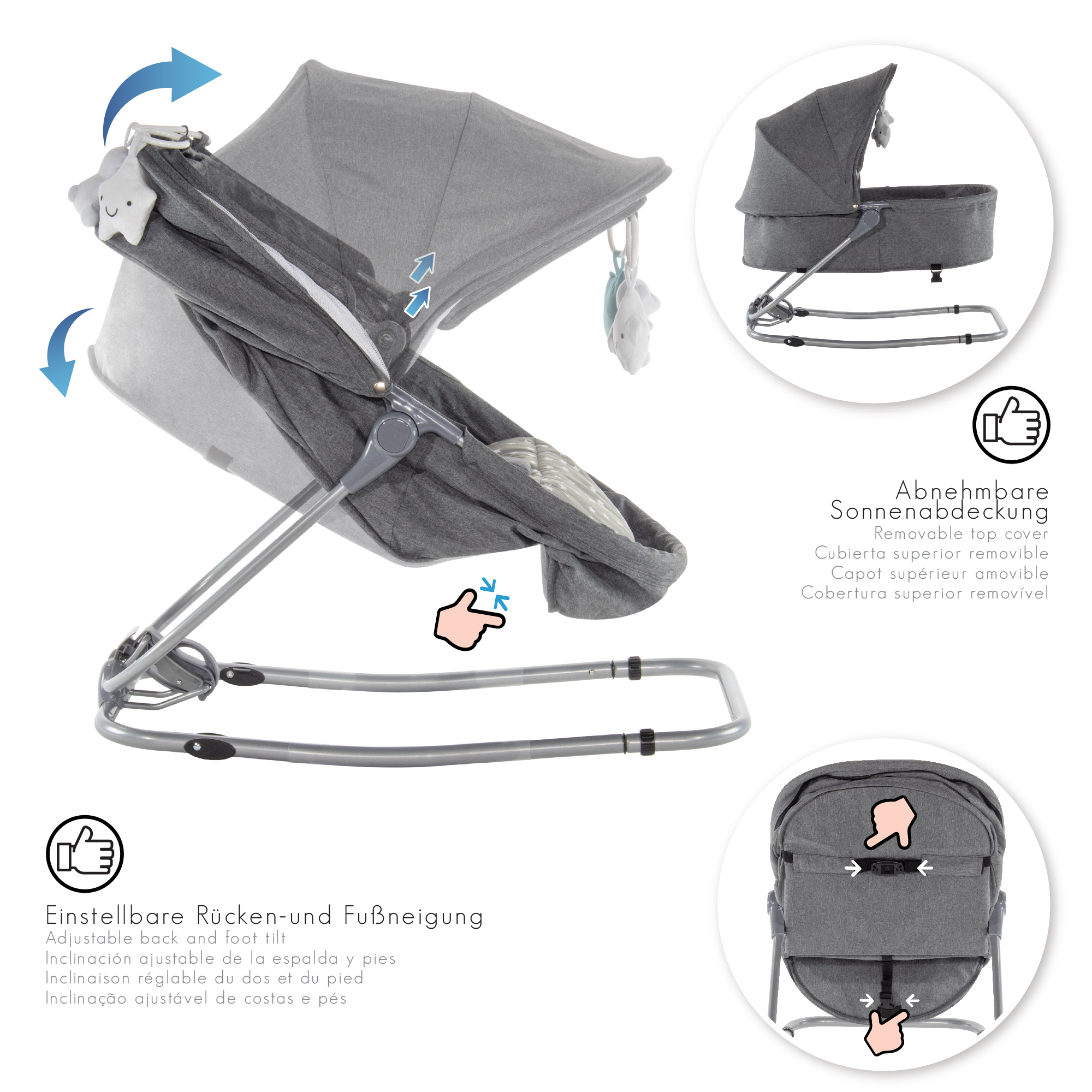 Babywippe PAVO mit Wiegenfunktion und Spielebogen Grau + Grau mit weißen Sterne