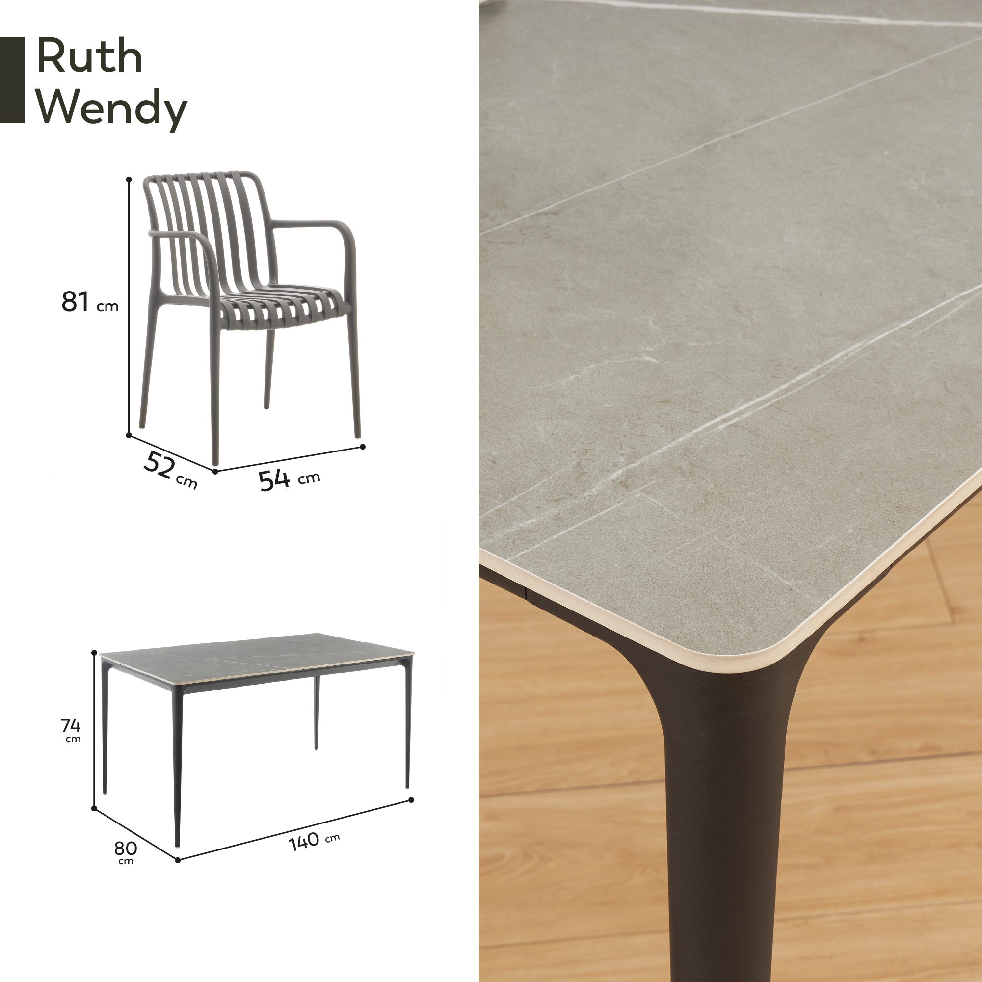 Set Ruth + Wendy | Essgruppe mit Tisch und Stühlen für Innen- und Außenbereiche