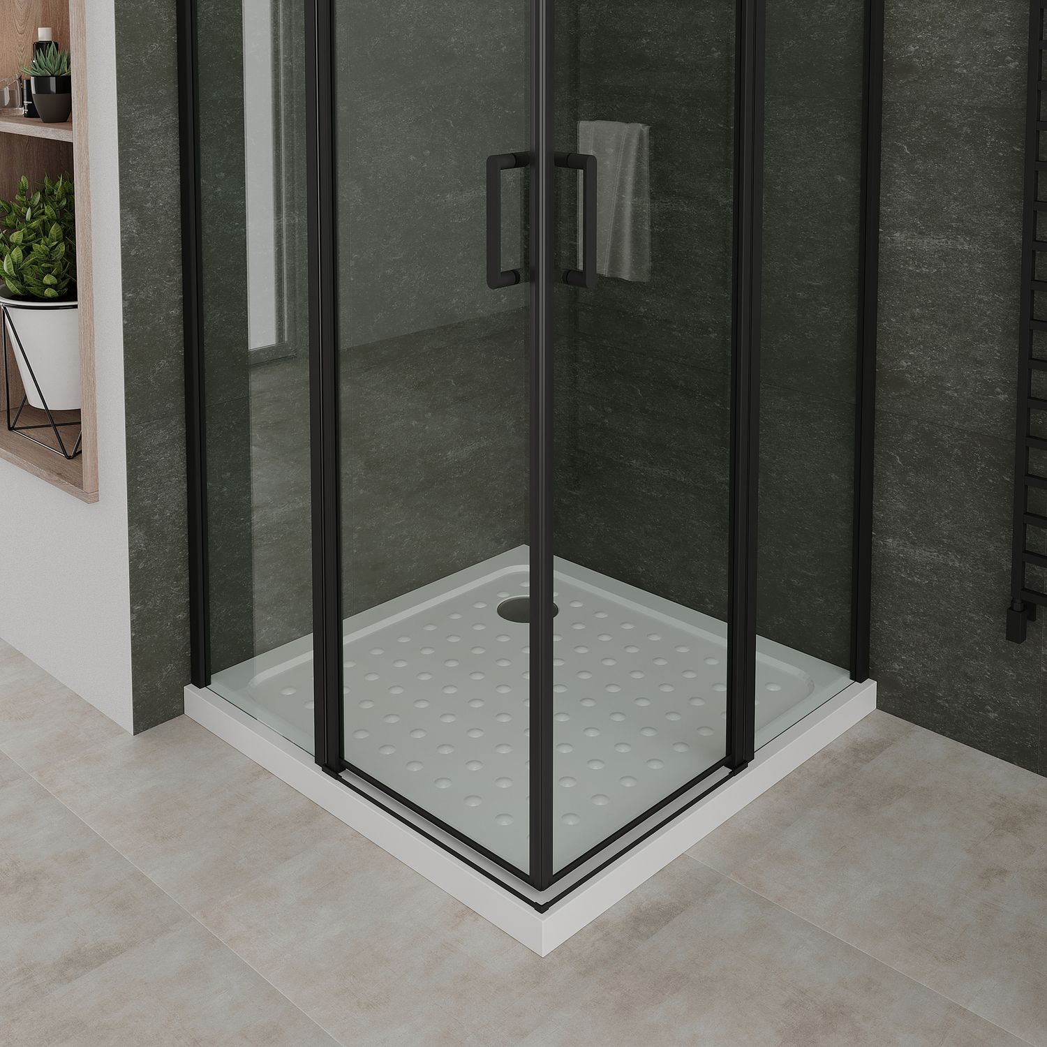 Eckeinstieg Linda mit Klapptüren und schwarzen Profilen aus ESG Sicherheitsglas Eckeinstieg Linda mit Klapptüren und schwarzen Profilen aus ESG Sicherheitsglas