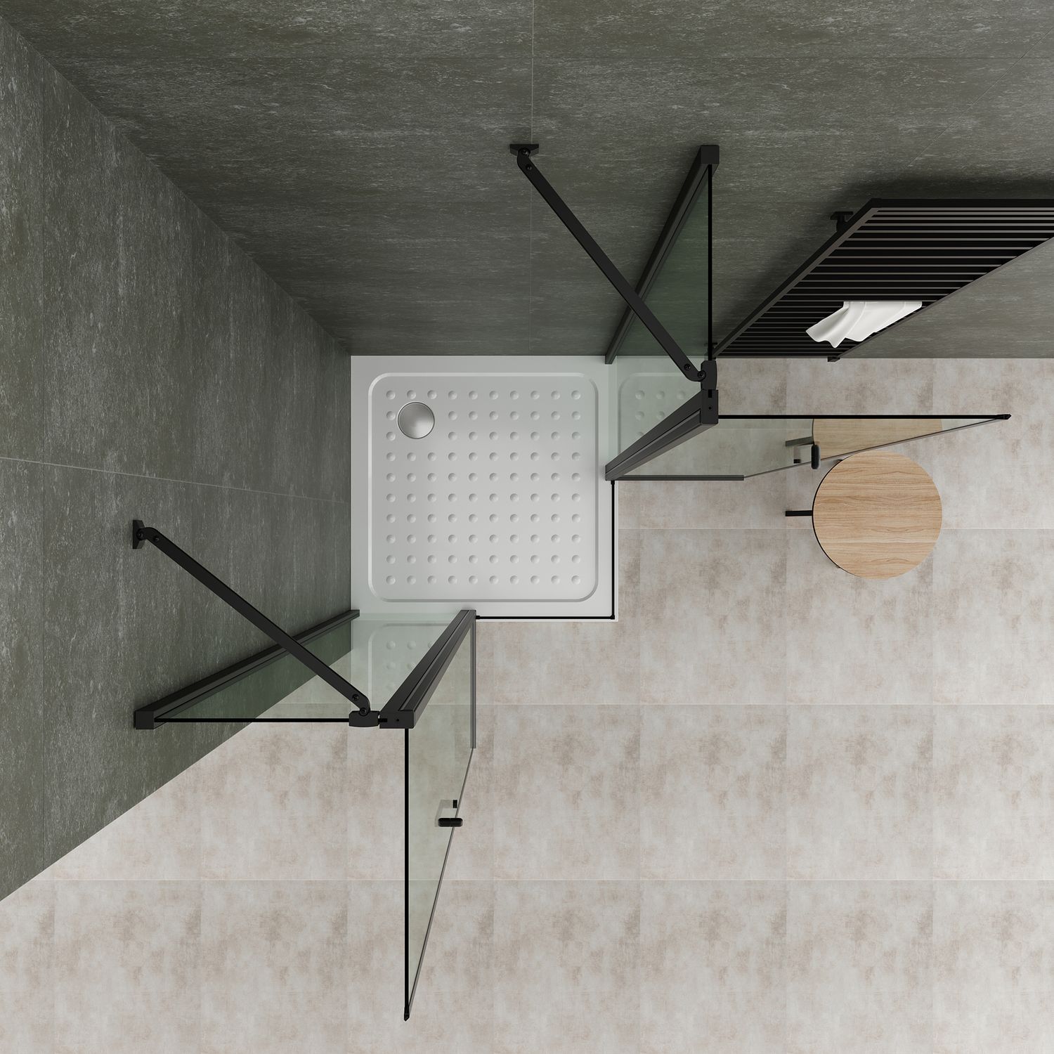 Eckeinstieg Linda mit Klapptüren und schwarzen Profilen aus ESG Sicherheitsglas