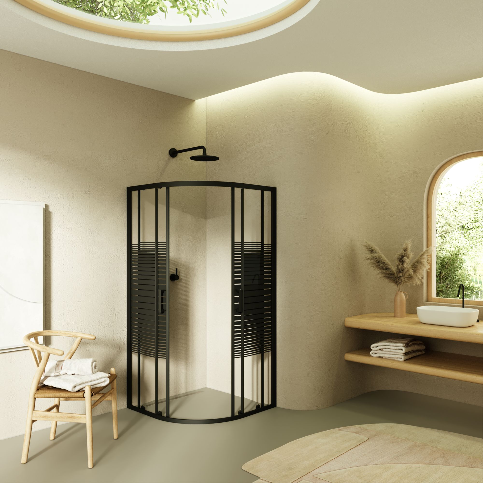 Viertelkreisdusche Ella mit Schiebetüren aus gestreiftem ESG Glas mit schwarzen Aluminium Profile Viertelkreisdusche Ella mit Schiebetüren aus gestreiftem ESG Glas mit schwarzen Aluminium Profile