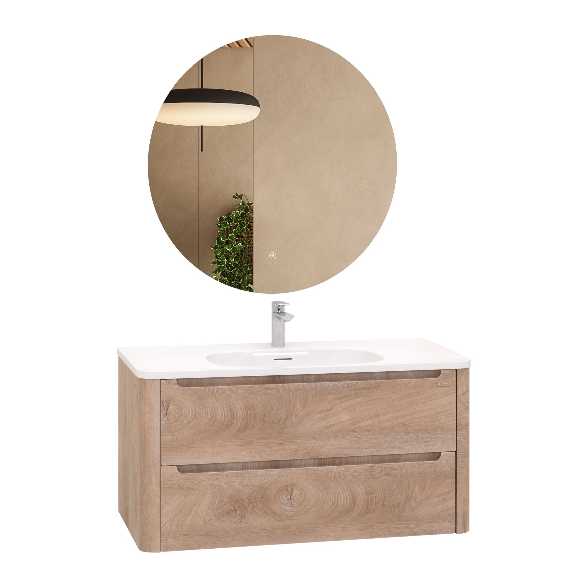 Badezimmermöbel Vesta – 100 cm Eiche hell, integriertes Waschbecken + LED-Spiegel Vesta – Badezimmermöbel – 100 cm Eiche hell, integriertes Waschbecken + LED-Spiegel