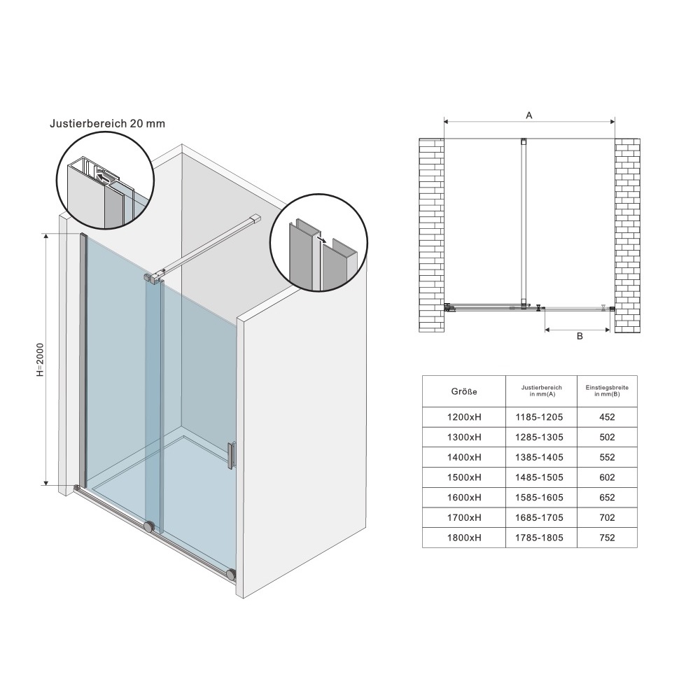 Schiebetür Duschabtrennung NADINE für Duschnische Duschtür Nischenschiebetür in Black 8mm ESG Sicherheitsglas Klarglas 180x200 cm