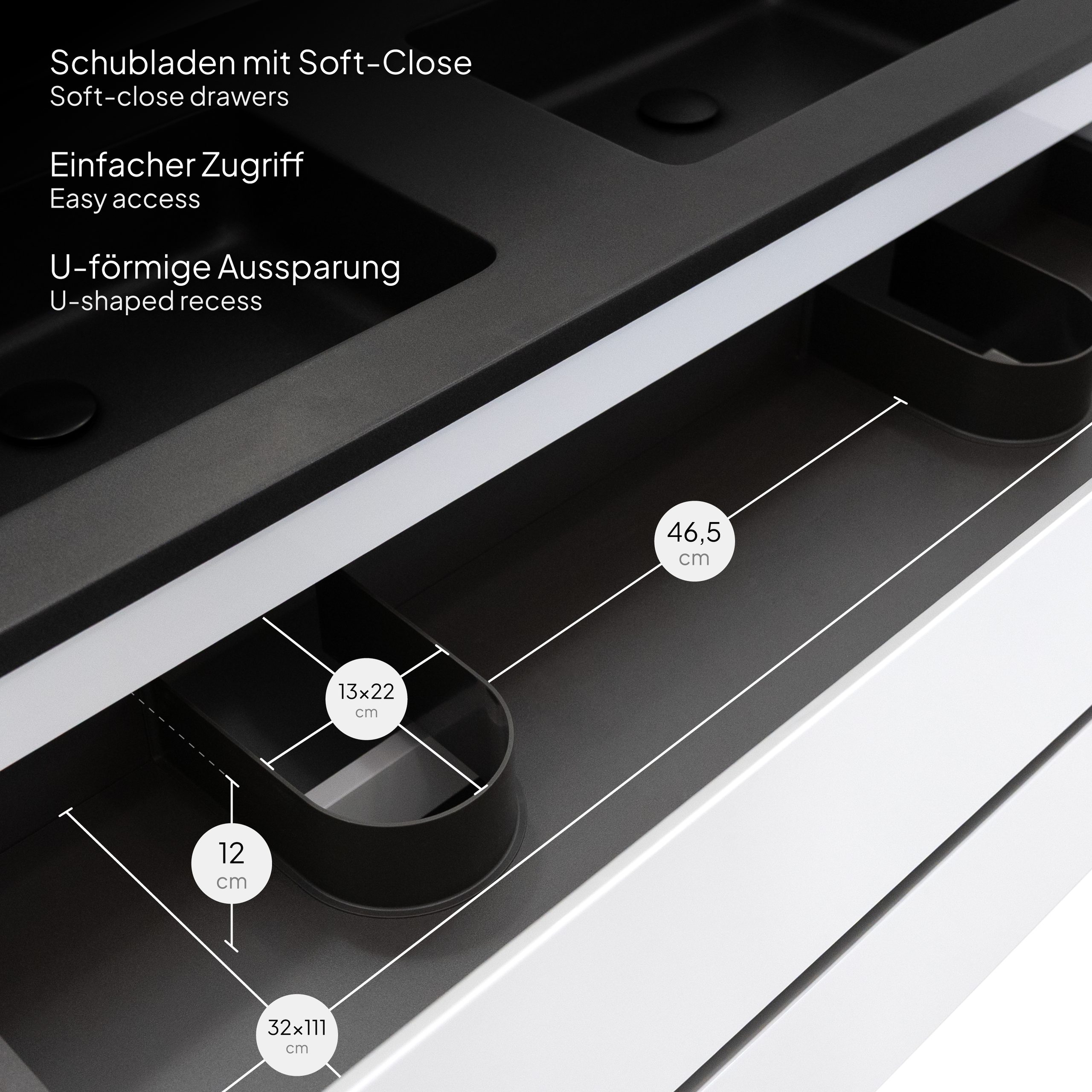 Badmöbel-Set Atena [120 cm] mit Mineralharz-Waschbecken in Hochglanz Schwarz, Unterschrank mit Spiegel und hängendem Hochschrank in Weiß