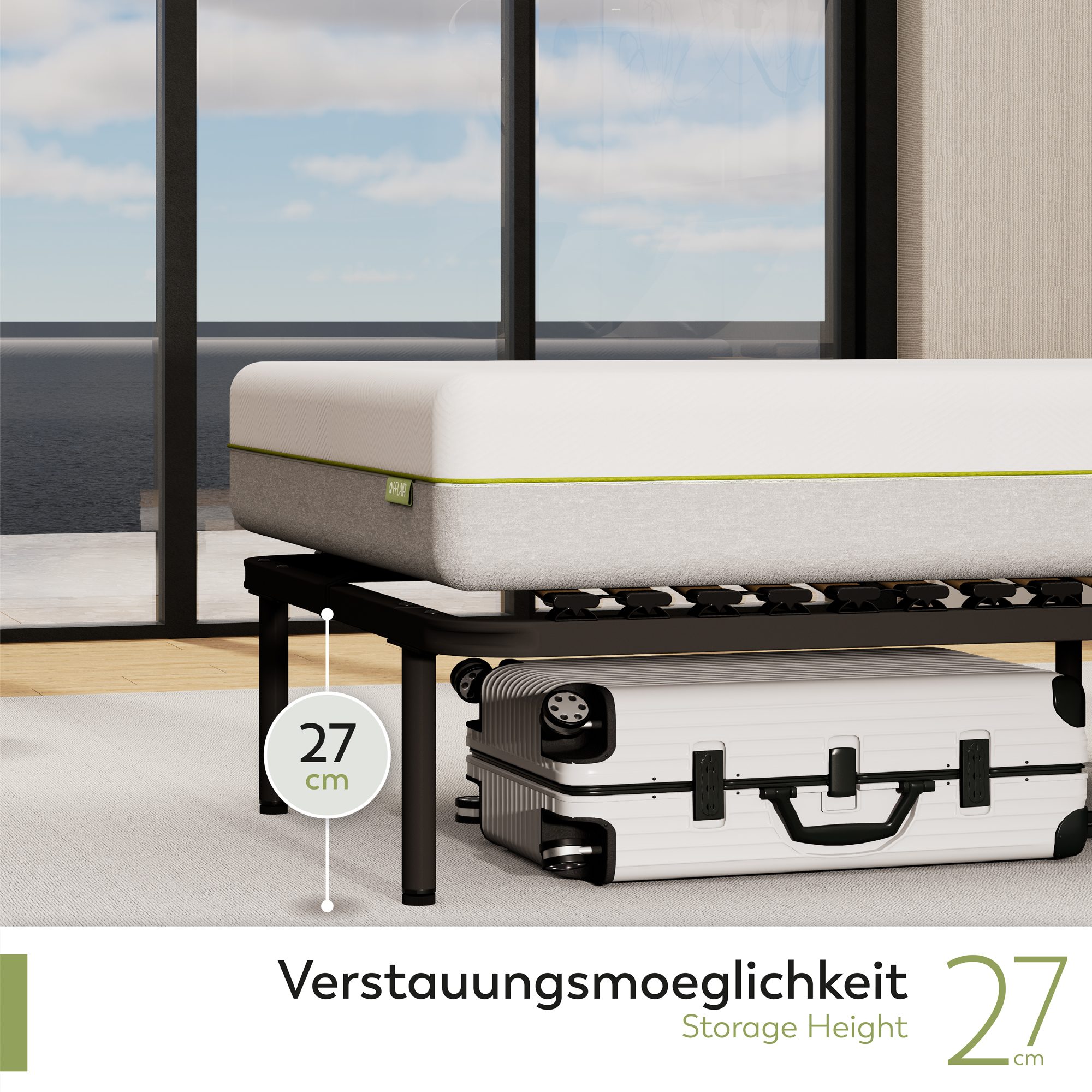 Metallbett Gästebett GRACE auf Füßen mit Stauraum - für alle Matratzen und Betten geeignet
