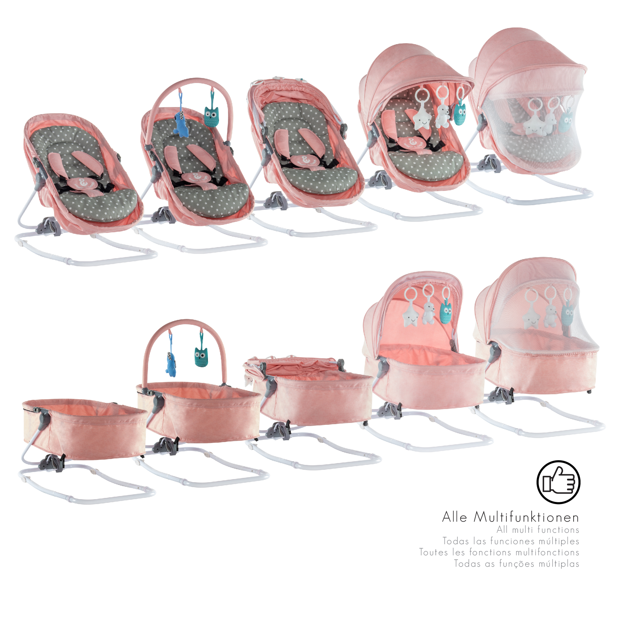 Babywippe PAVO mit Wiegenfunktion und Spielebogen Rosa + Grau weiße Sterne