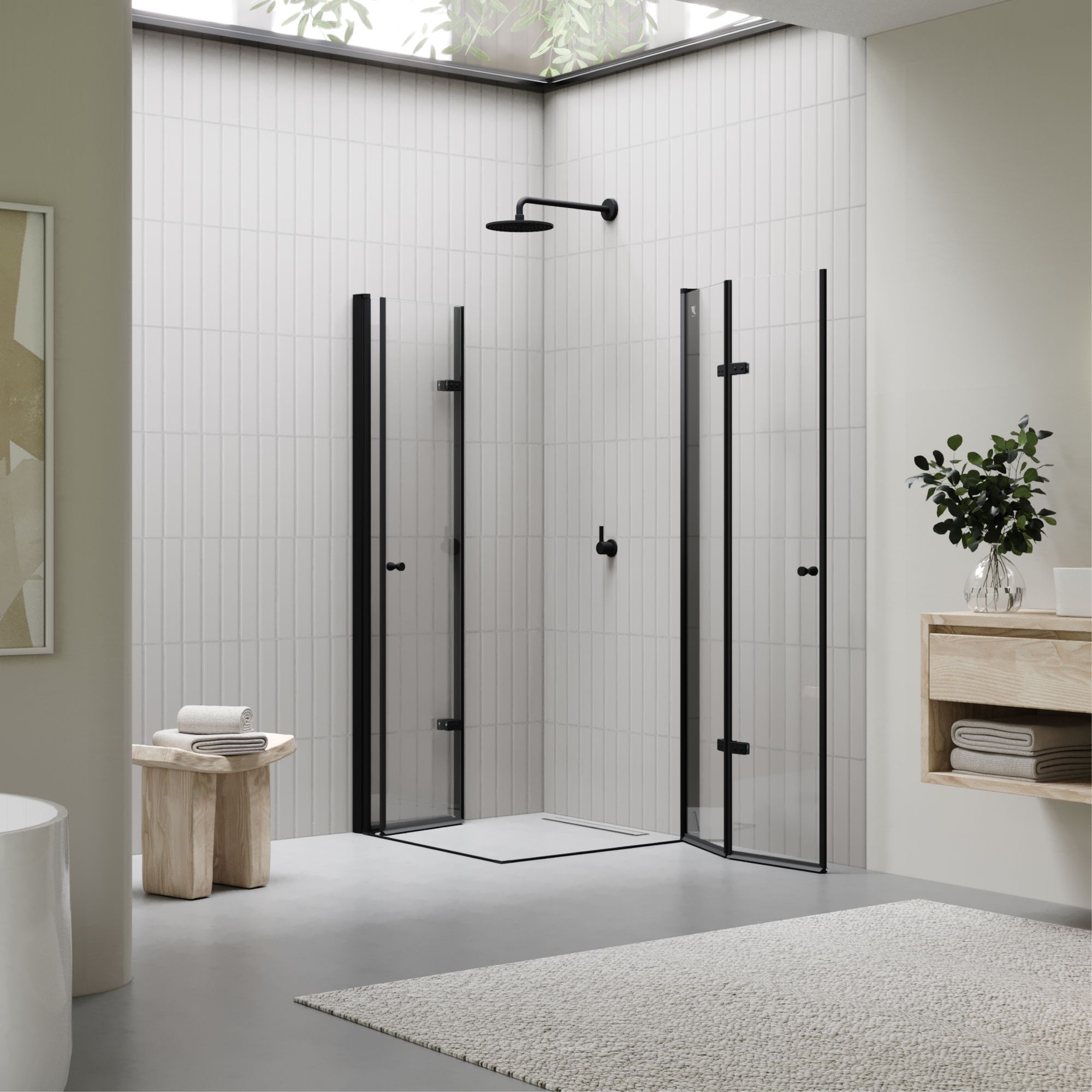 Eckeinstieg Emma BLACK mit Falttüren aus ESG Sicherheitsglas Emma – Corner Entry BLACK with Folding Doors made of ESG Safety Glass