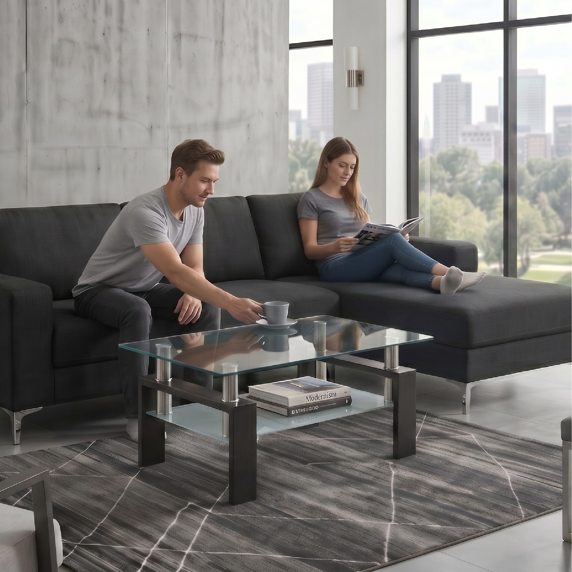 Coffee Table PORTER in Glass/Metal with Black Wood