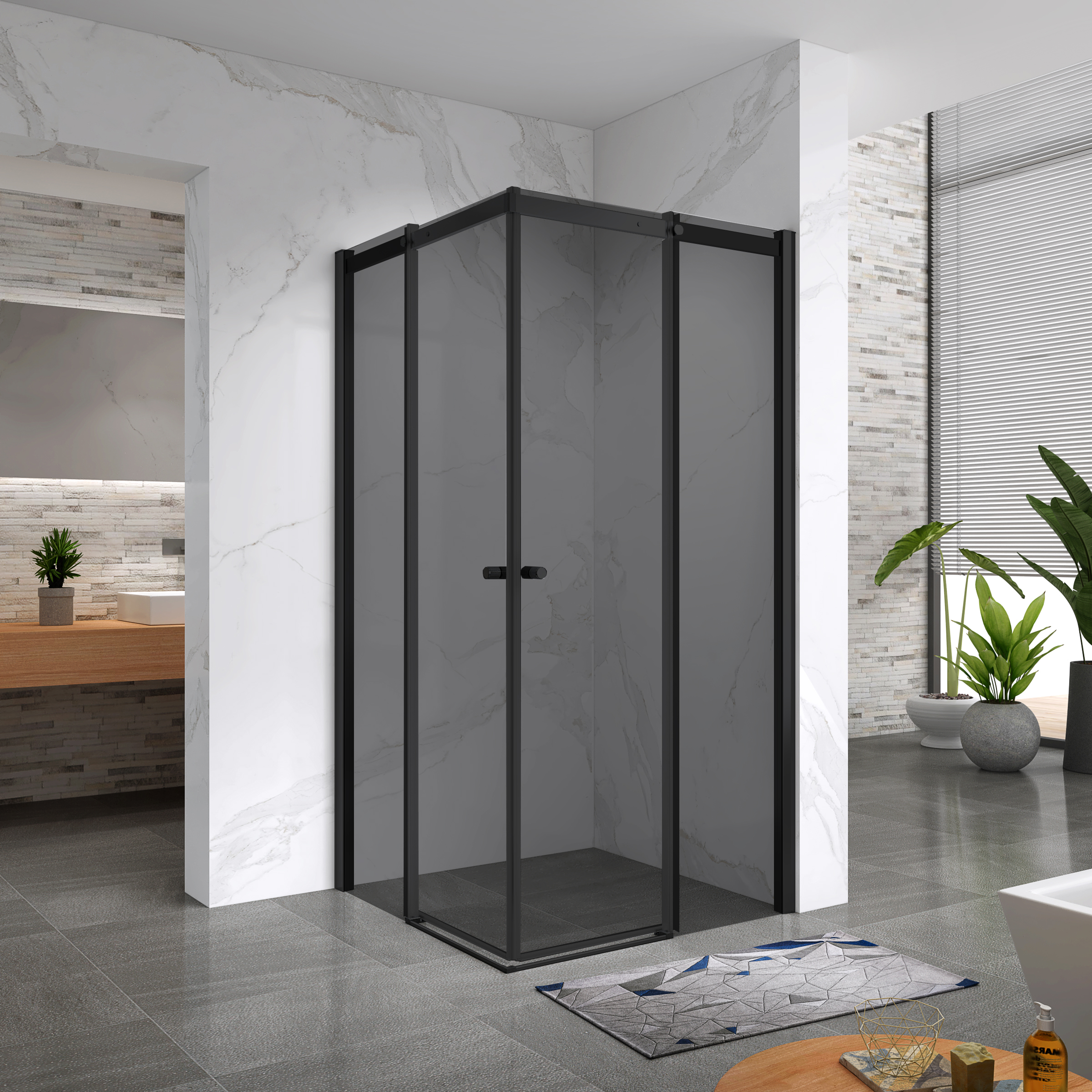 Corner Entry Kaylee with Sliding Doors Made of ESG Safety Glass Kaylee – Eckeinstieg BLACK mit Schiebetüren aus getöntem ESG Sicherheitsglas