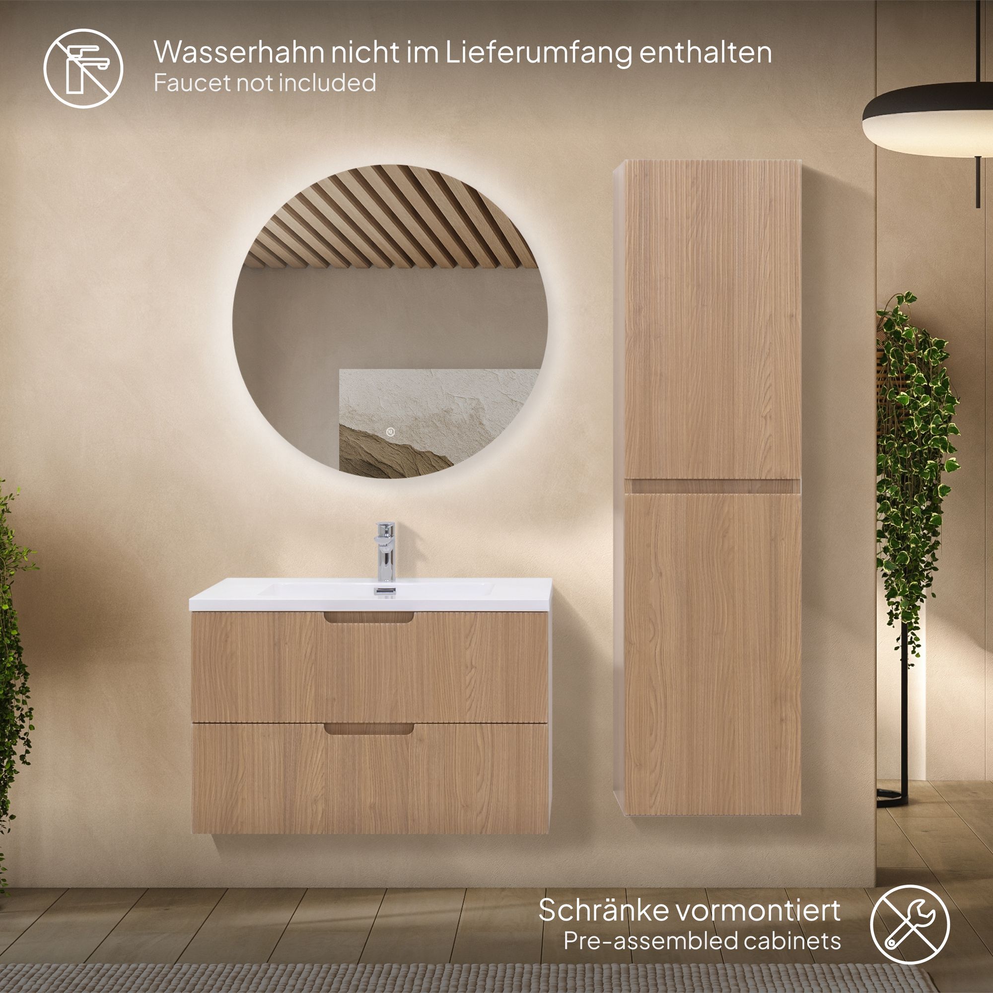 Badmöbelset Tália Modular – Weißer Resin-Waschtisch, Wandhängender Schrank, Rundspiegel & Seitenmodul (60/80/100 cm) 80 cm