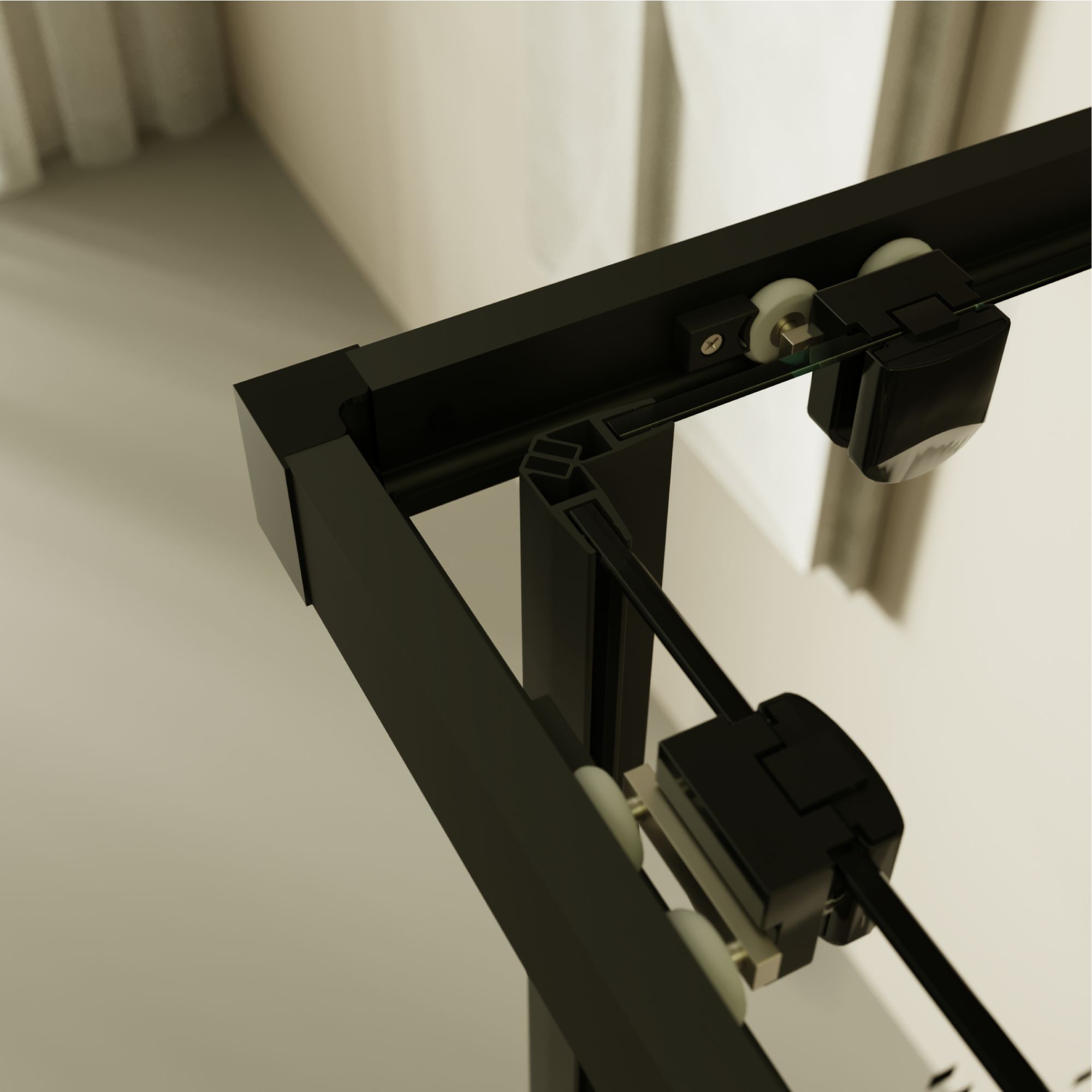 Eckeinstieg Danielle mit Schiebetüren aus schwarz kariertem ESG Sicherheitsglas