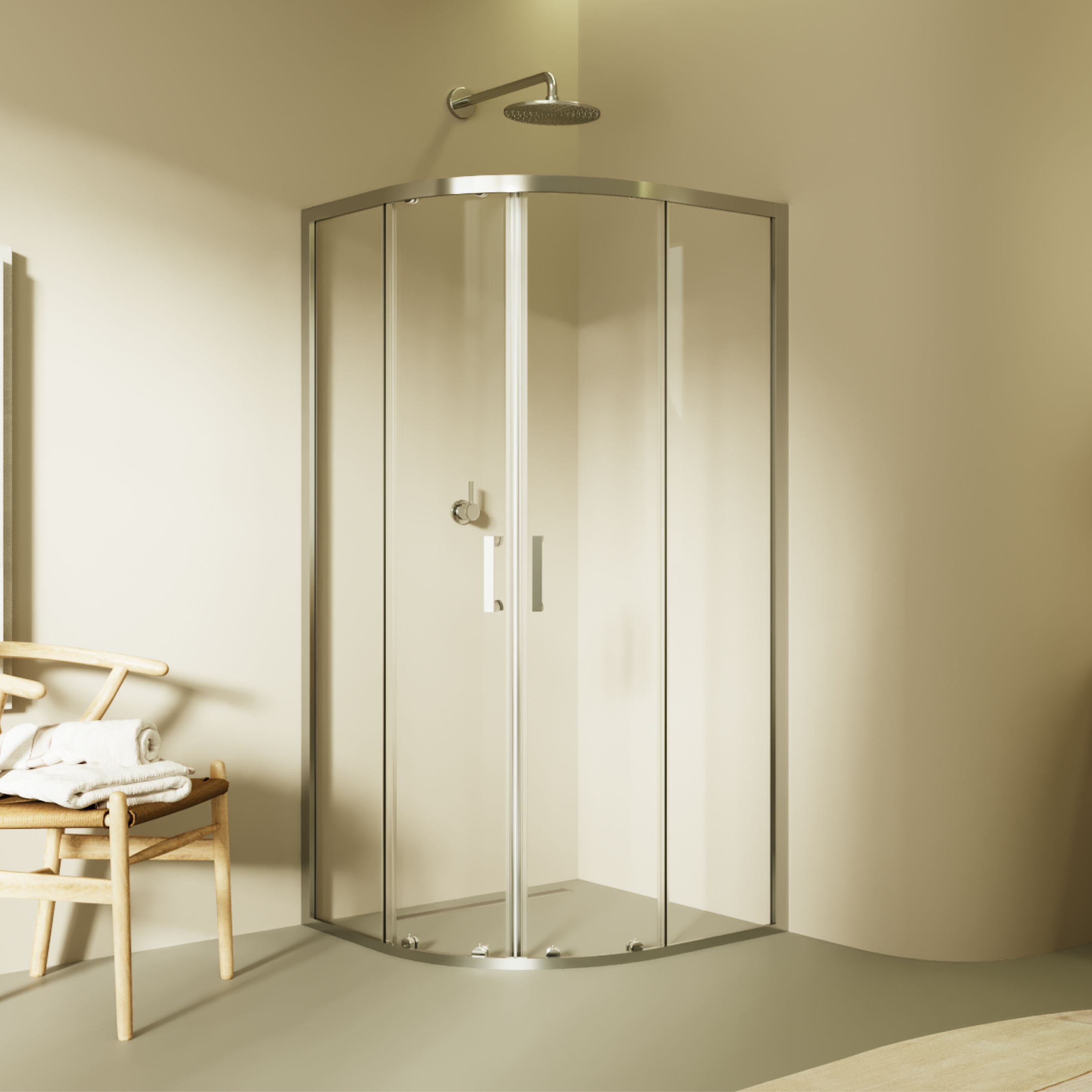 Quarter Circle Shower Ella with Sliding Doors Made of ESG Safety Glass Ella – Viertelkreisdusche mit Schiebetüren aus ESG Sicherheitsglas