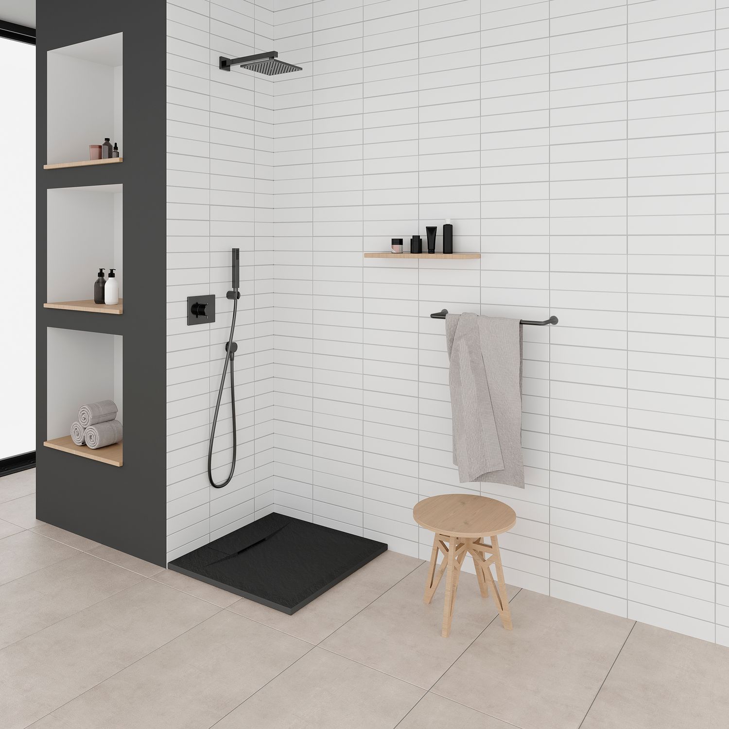 SMC Duschwanne Polar 90x90 cm, Duschtasse in Steinoptik inkl. Ablaufgarnitur - Schwarz