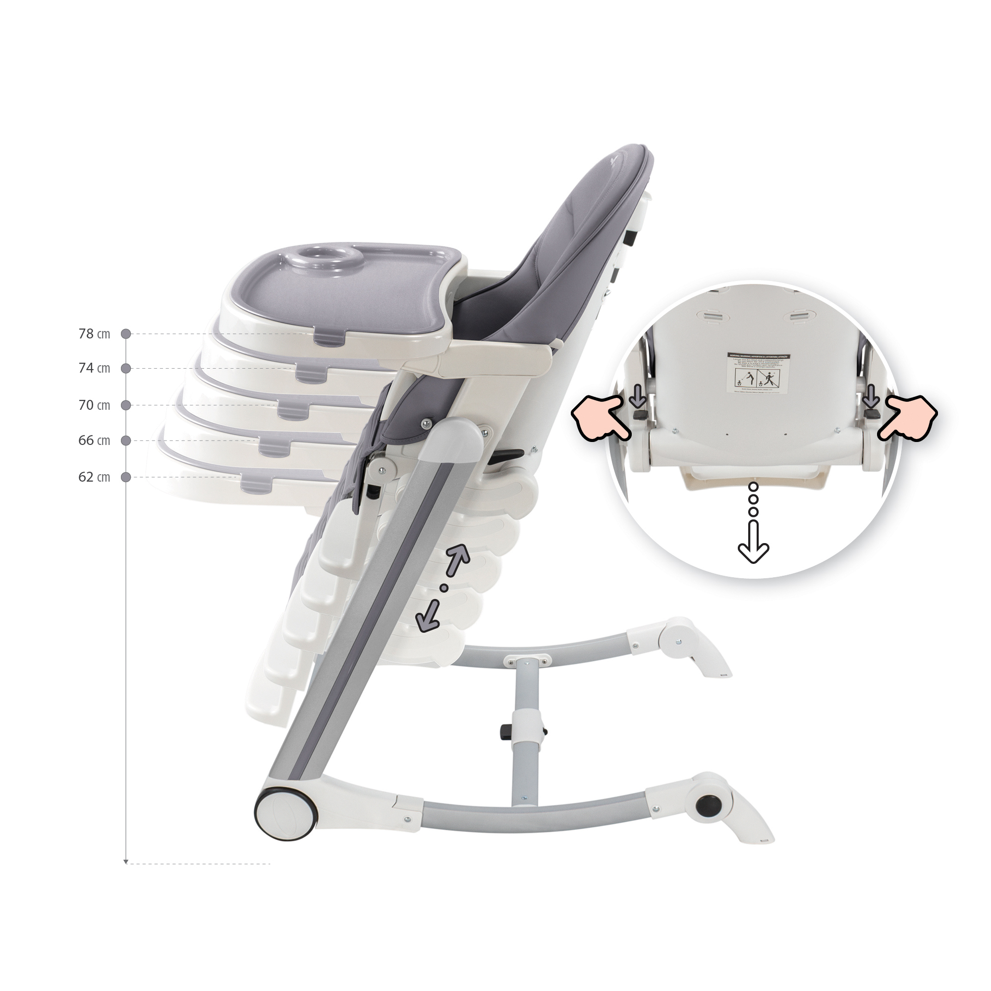 Child High Chair ADELLE Adjustable and Foldable Including Play Arch Kinderhochstuhl ADELLE Verstellbar und Klappbar inkl. Spielebogen Grau-Grau