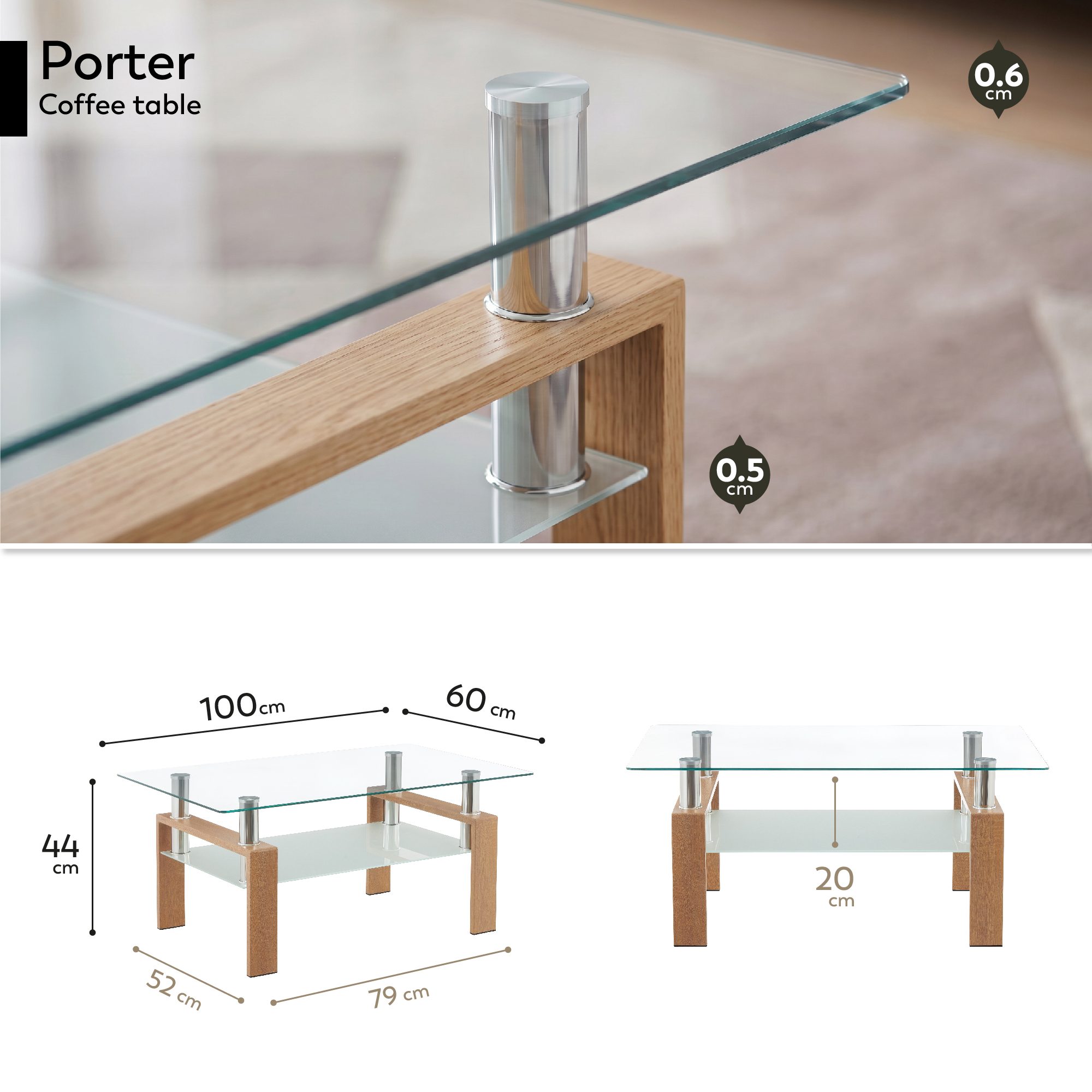 Coffee Table PORTER made of Glass/Metal with Oak-Colored Wood