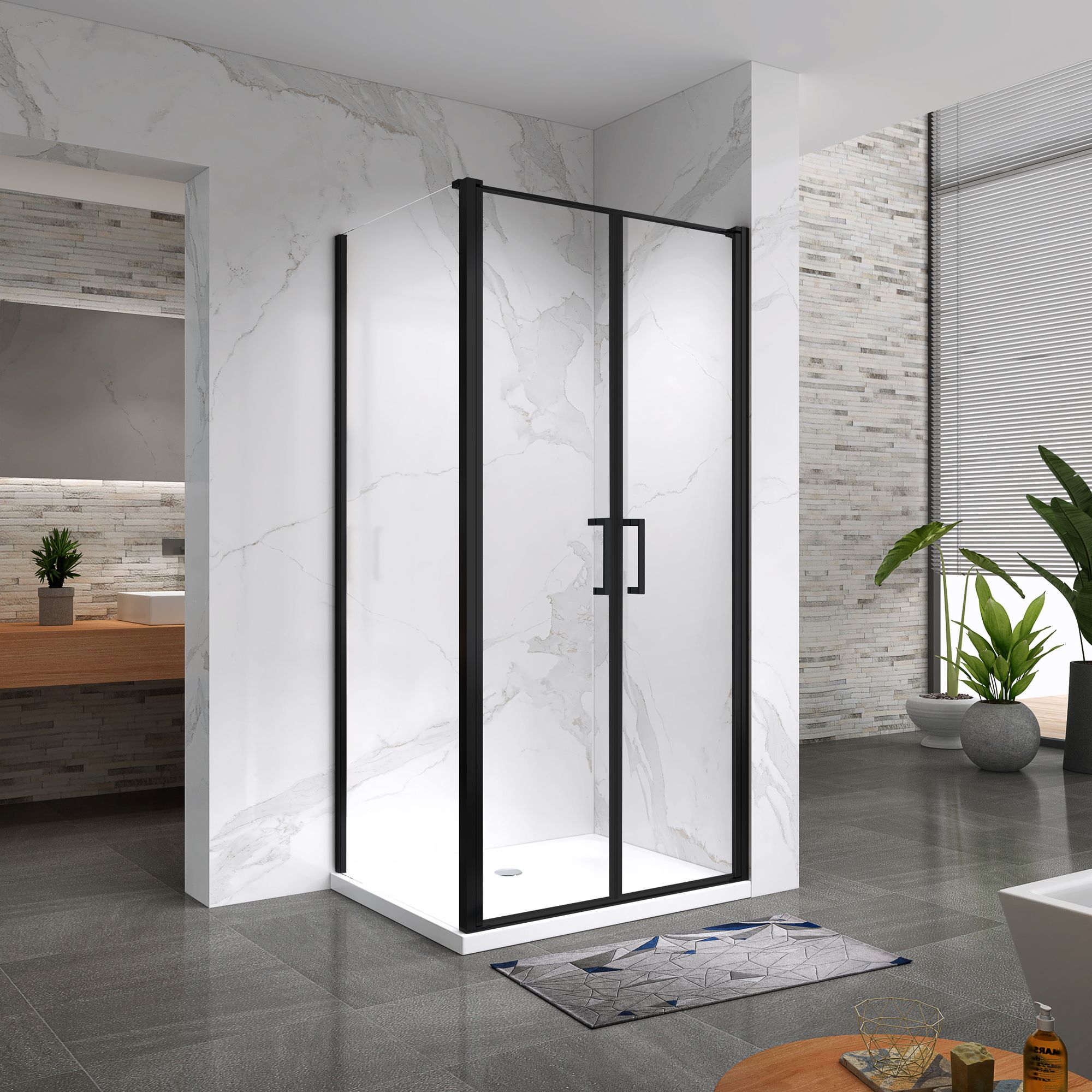 Shower Door Lara with Hinged Doors and Stainless Steel Handles, 68-104 cm, made of ESG Safety Glass Lara – Fronteinstieg Black mit Pendeltüren und Edelstahlgriffe aus ESG Sicherheitsglas