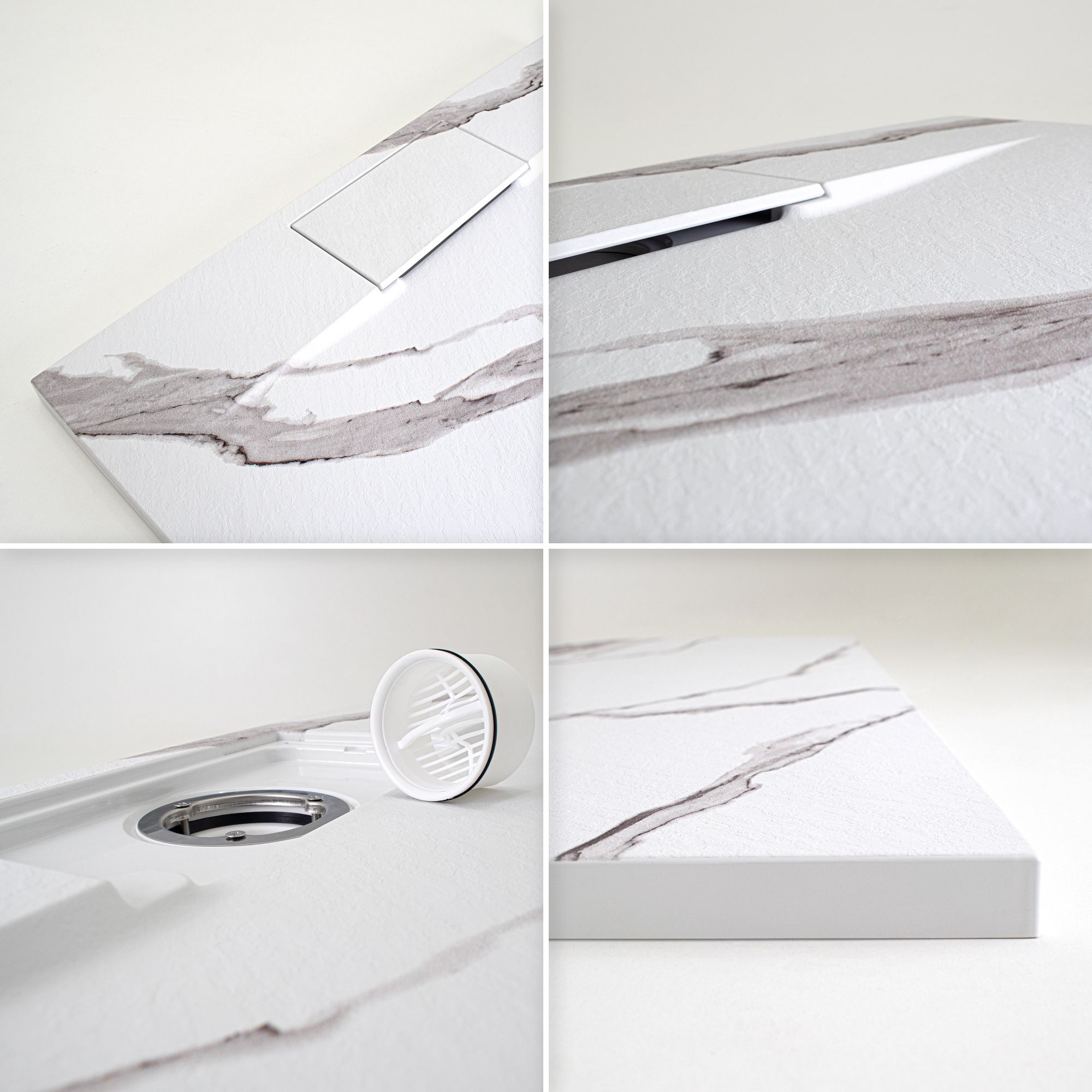 SMC Shower Tray Polar in Marble Look with Drain Assembly - White SMC Shower Tray Polar in Marble Look with Drain Assembly - White